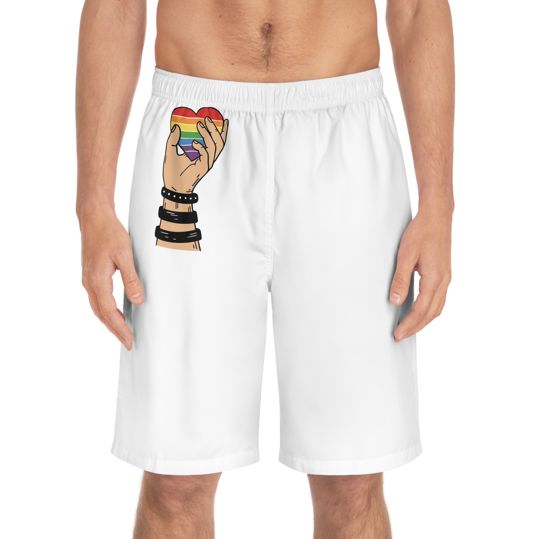 Hand Holding Rainbow Heart Symbolizing Pride Lgbtq Support With Black Wristbands Vector Illustration Mens Board Shorts Aop - Image 3