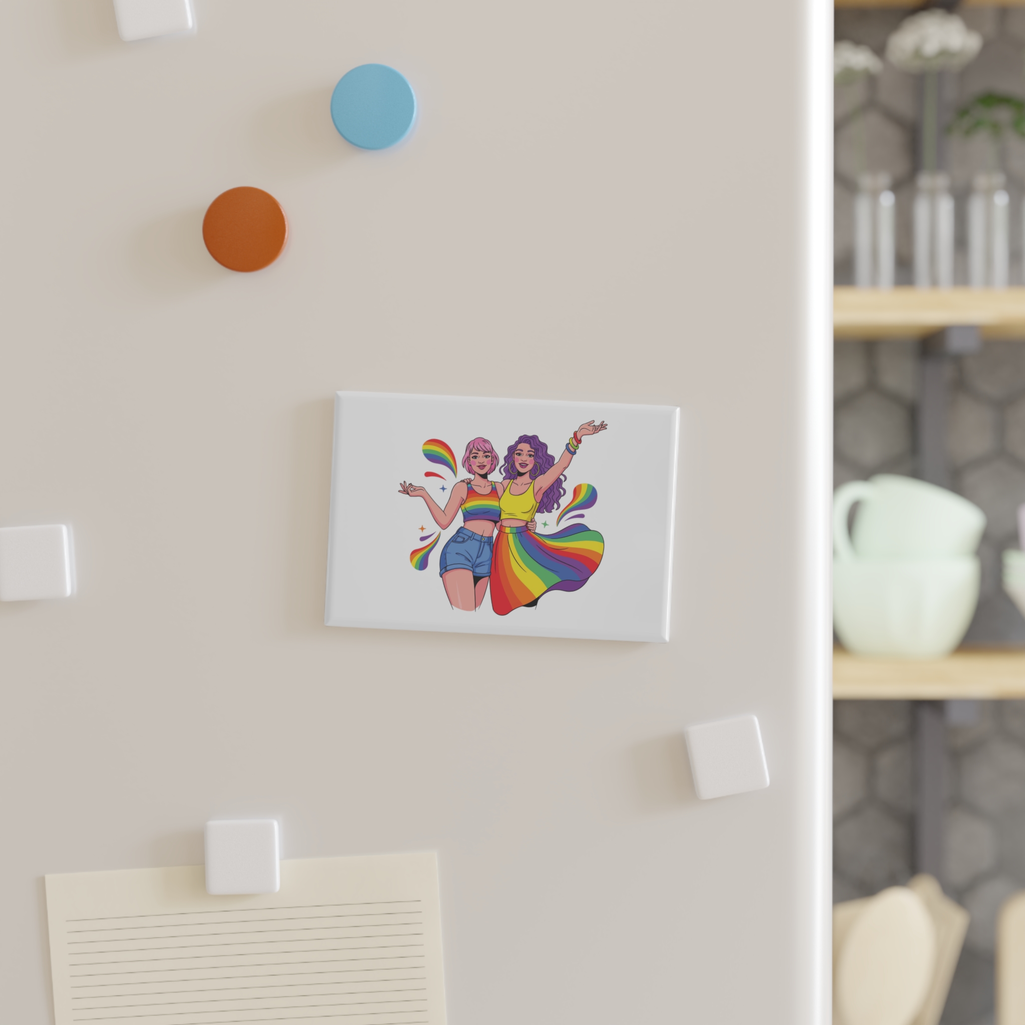 Two Happy Women Celebrating Diversity Pride With Rainbow Colors Splashes Button Magnet Rectangle 1 And 10 Pcs - Image 7