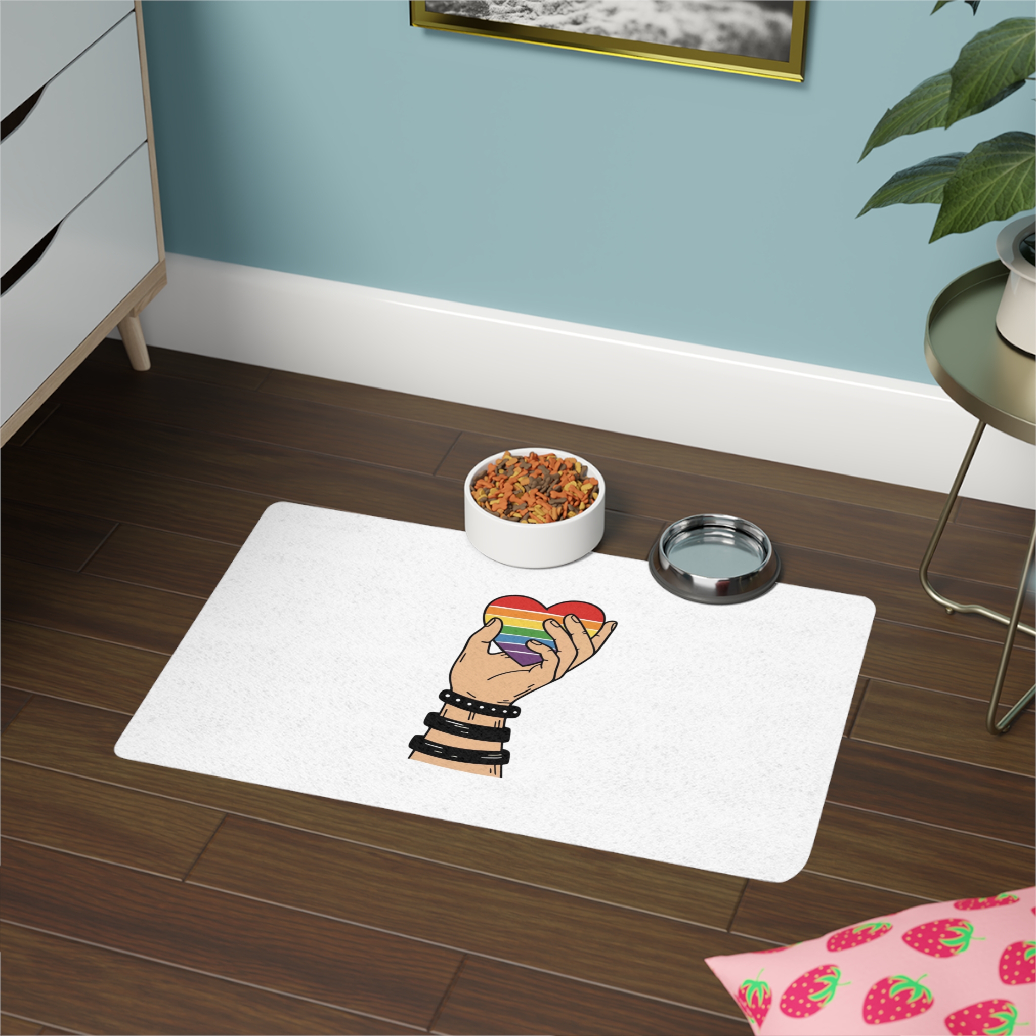 Hand Holding Rainbow Heart Symbolizing Pride Lgbtq Support With Black Wristbands Vector Illustration Pet Food Mat 12x18 - Image 4