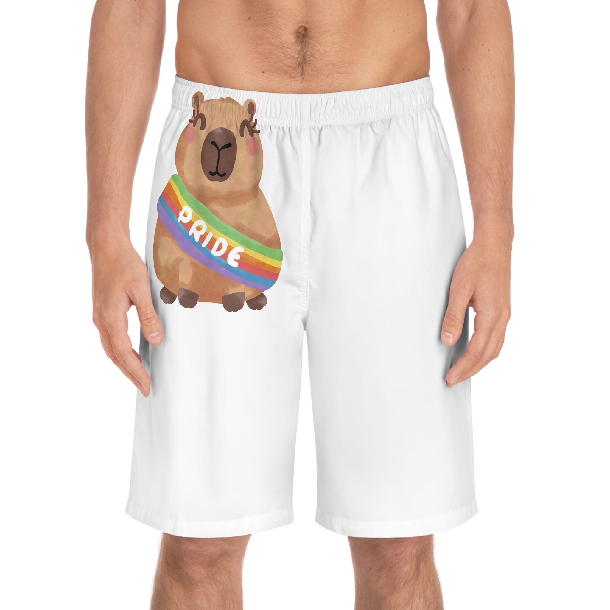 Cute Capybara With Rainbow Pride Sash Illustration Mens Board Shorts Aop - Image 3