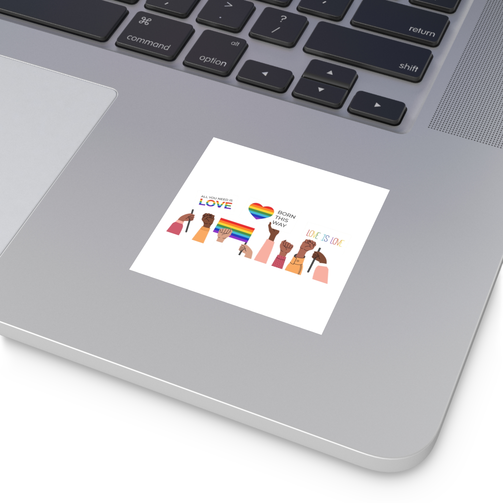 People Holding Lgbt Posters Symbols Signs Flags With Rainbows Pride Month Human Rights Love Is Love Laminate Stickers Square - Image 11