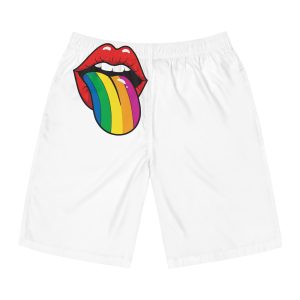Pop Art Illustration Open Red Lips With Long Colorful Rainbow Tongue Sticking Out Now Mens Board Shorts Aop