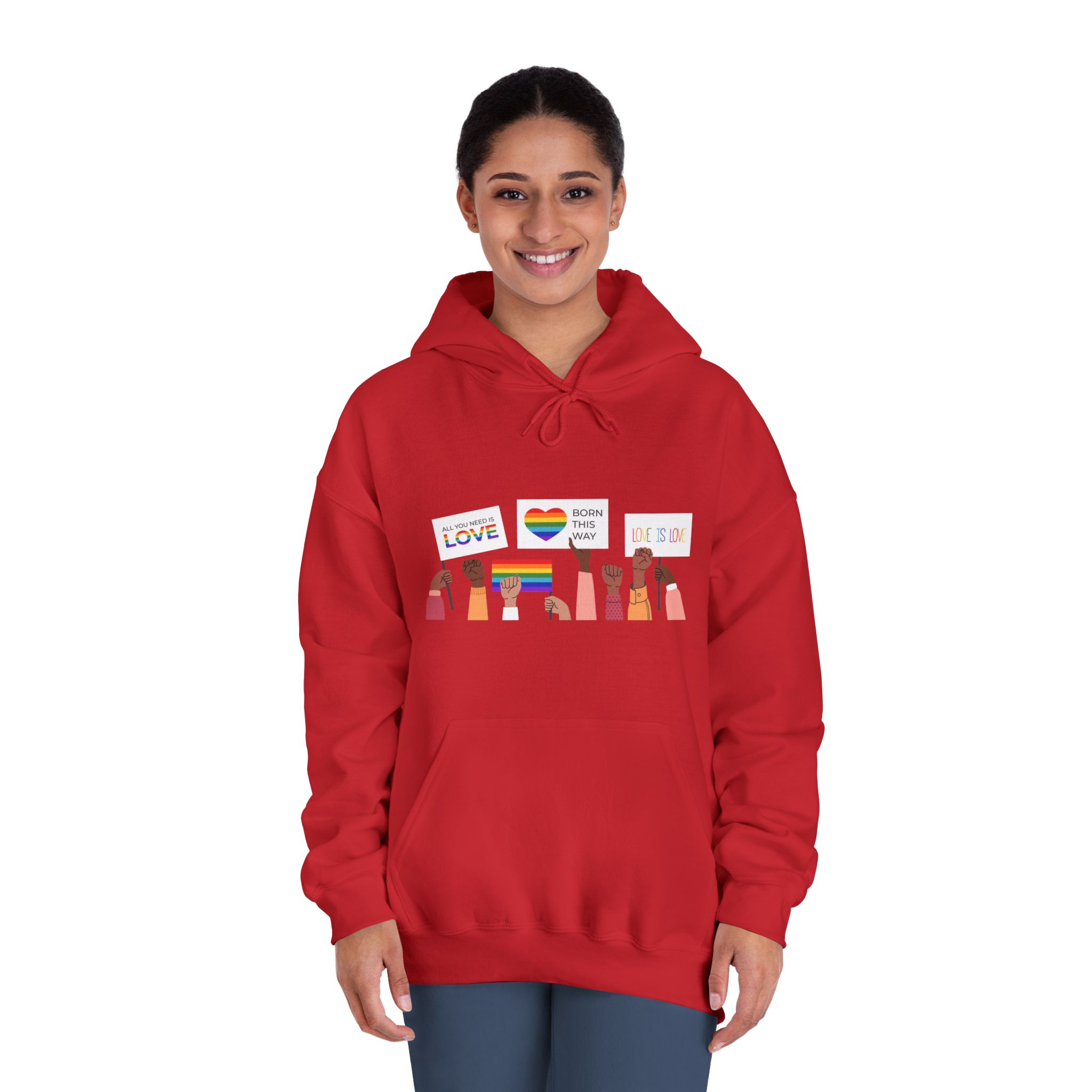 People Holding Lgbt Posters Symbols Signs Flags With Rainbows Pride Month Human Rights Love Is Love Unisex Dryblend Hooded Sweatshirt - Image 36