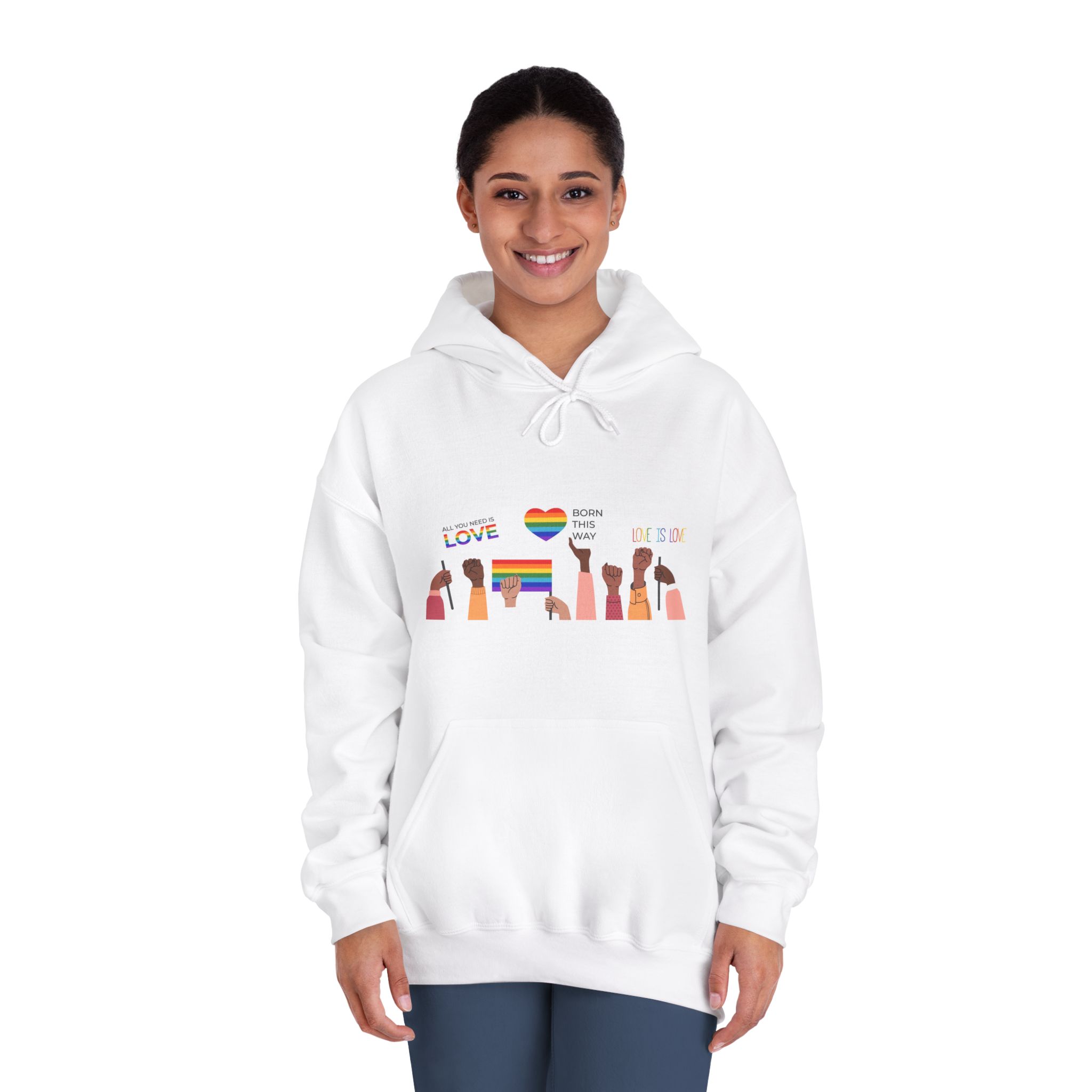 People Holding Lgbt Posters Symbols Signs Flags With Rainbows Pride Month Human Rights Love Is Love Unisex Dryblend Hooded Sweatshirt - Image 4