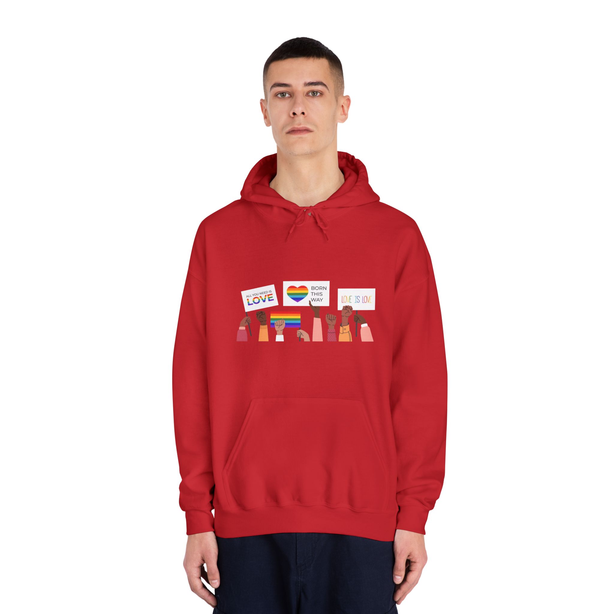 People Holding Lgbt Posters Symbols Signs Flags With Rainbows Pride Month Human Rights Love Is Love Unisex Dryblend Hooded Sweatshirt - Image 35