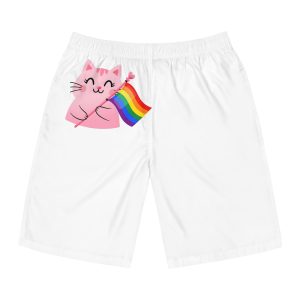 Cute Pink Cat With Rainbow Pride Flag1 Mens Board Shorts Aop