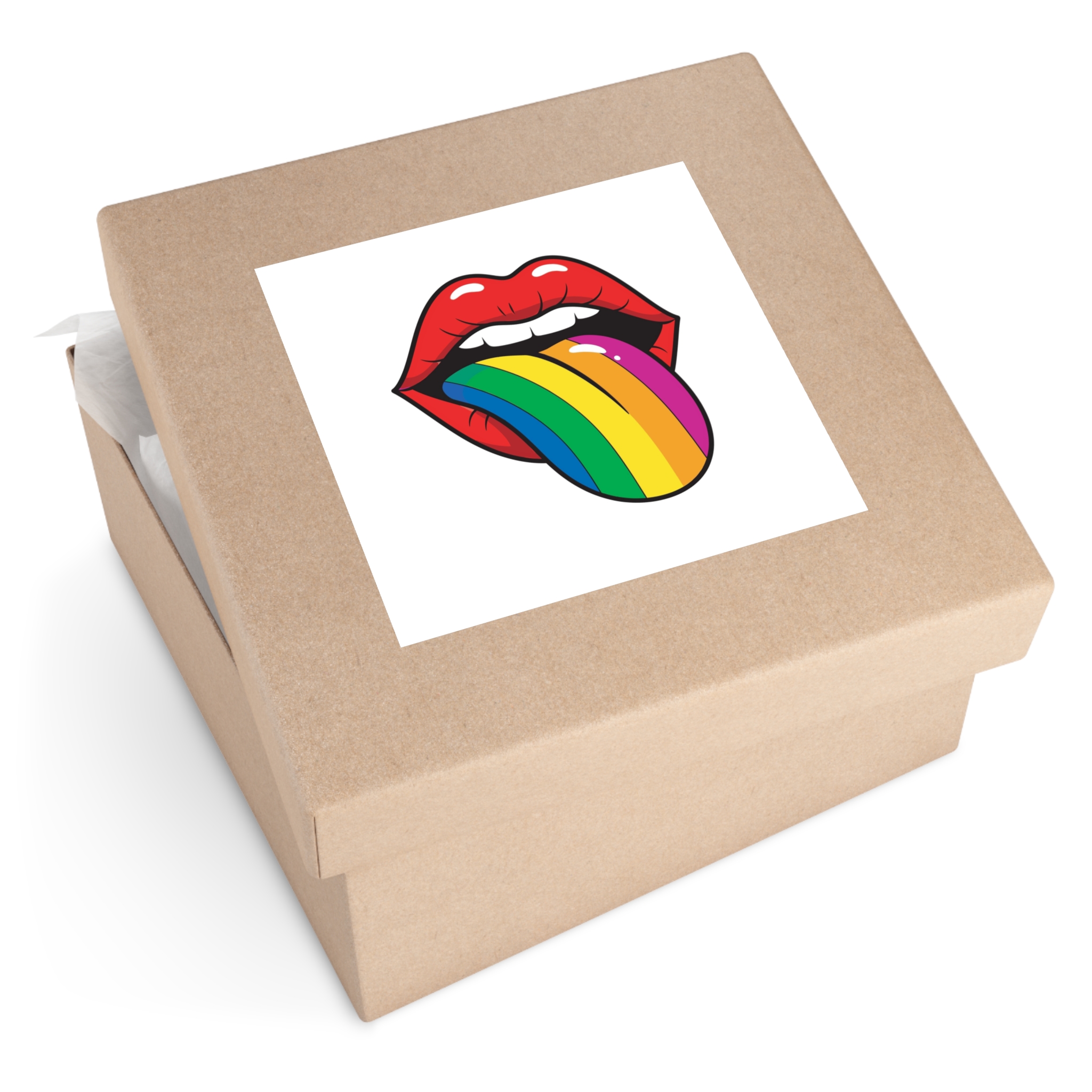Pop Art Illustration Open Red Lips With Long Colorful Rainbow Tongue Sticking Out Now Laminate Stickers Square - Image 51
