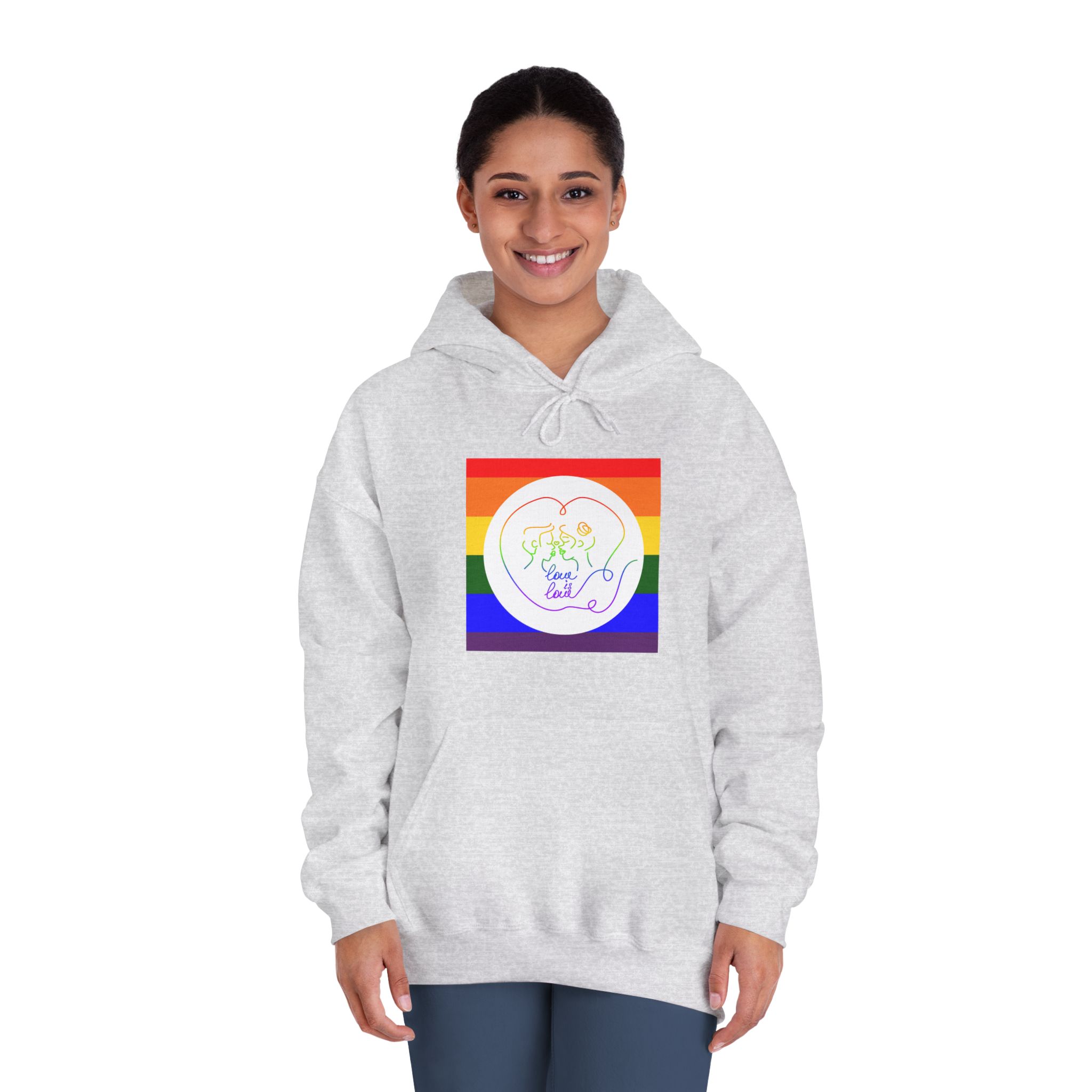 Poster With Kissing Woman Hand Lettering Love Is Love Theme Month Pride Lgbtq Love Background Unisex Dryblend Hooded Sweatshirt - Image 8