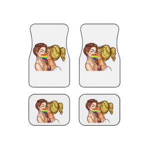 Vector Pop Art Lesbian Couple Kissing Covering Their Lips With Sign Stick Form Rainbow Heart Car Mats Set Of 4