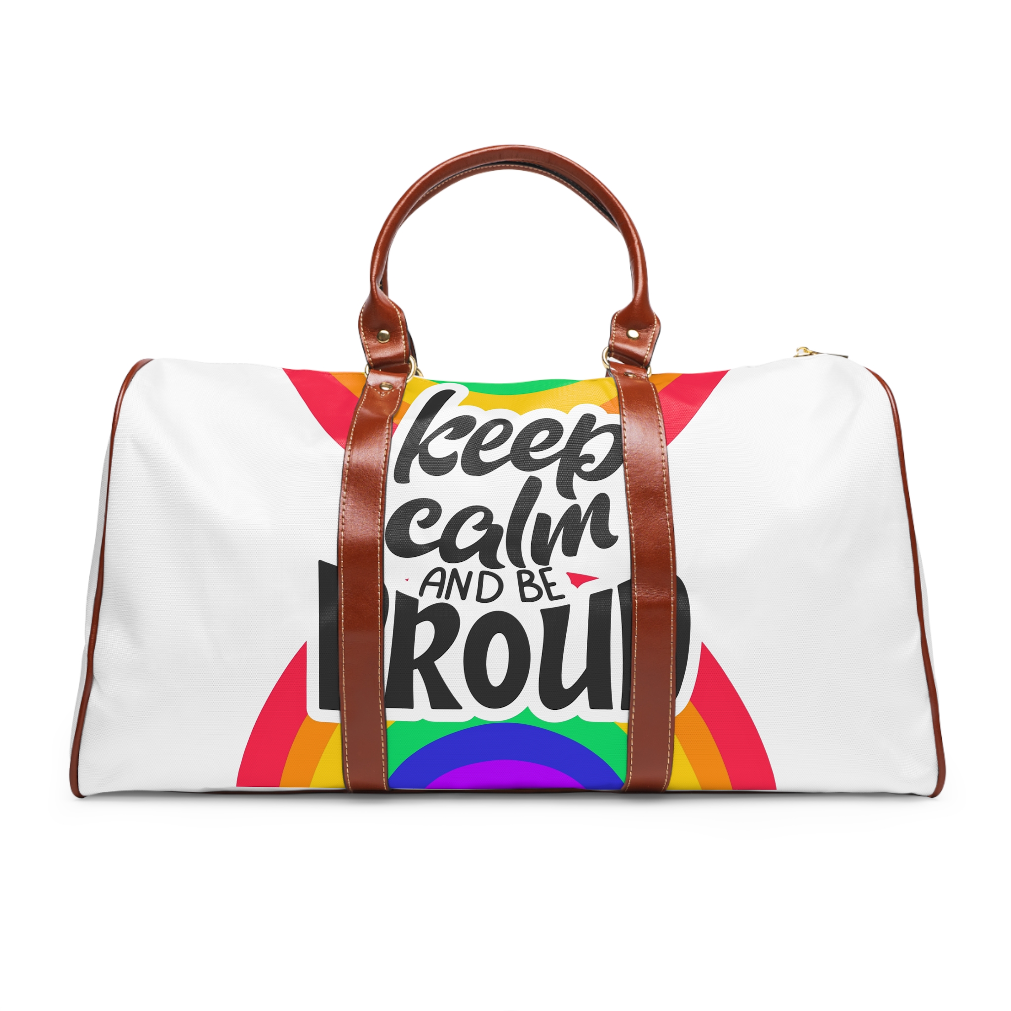 Keep Calm Be Proud Lgbt Lettering Quote Pride Poster Concept With Colorful Rainbow Vector Waterproof Travel Bag