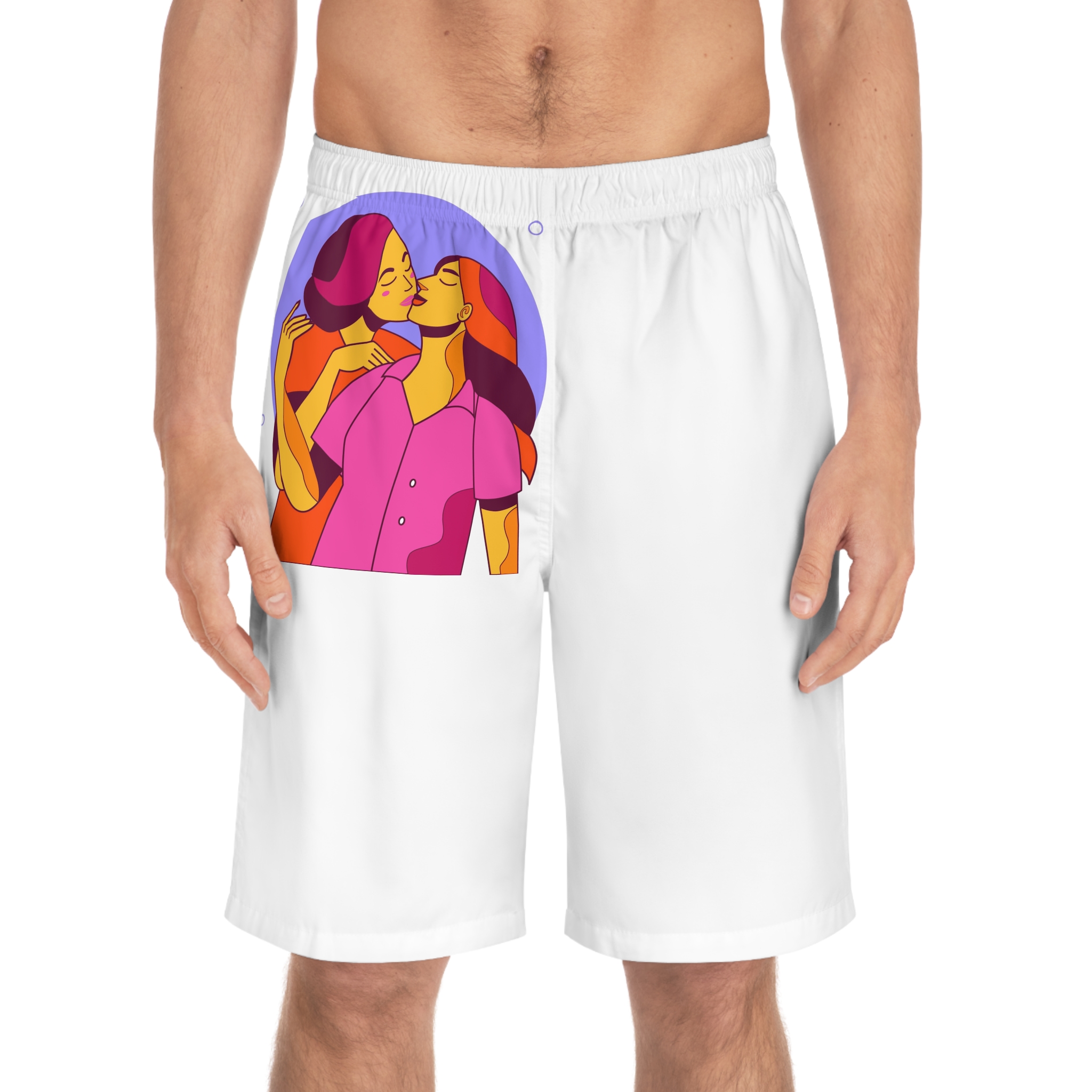 Cartoon Lesbian Kiss Illustration Mens Board Shorts Aop - Image 3