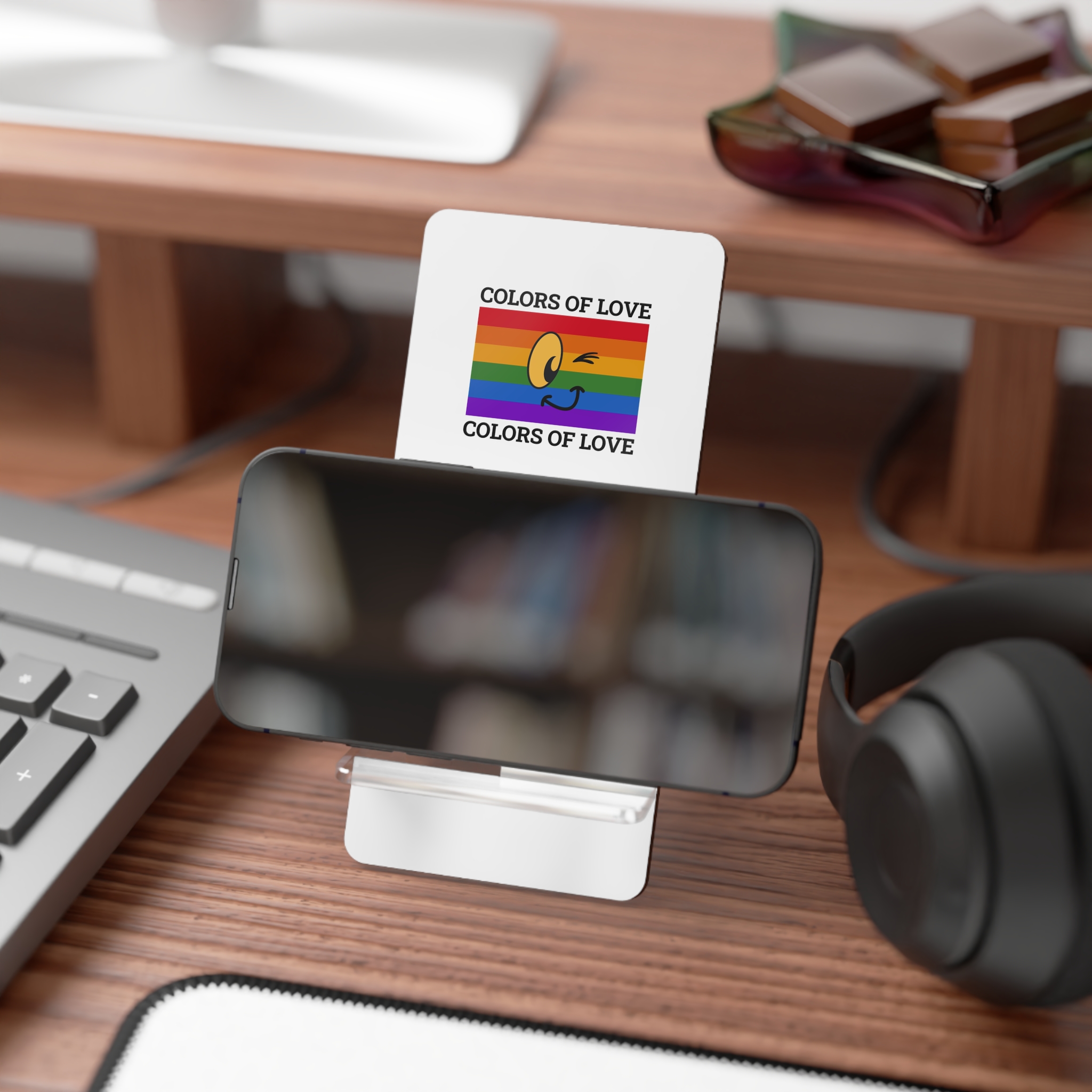 Colors Love Lgbtq Pride Month Quote Rainbow Flag Art With Smiley Face White Background Mobile Display Stand For Smartphones - Image 4