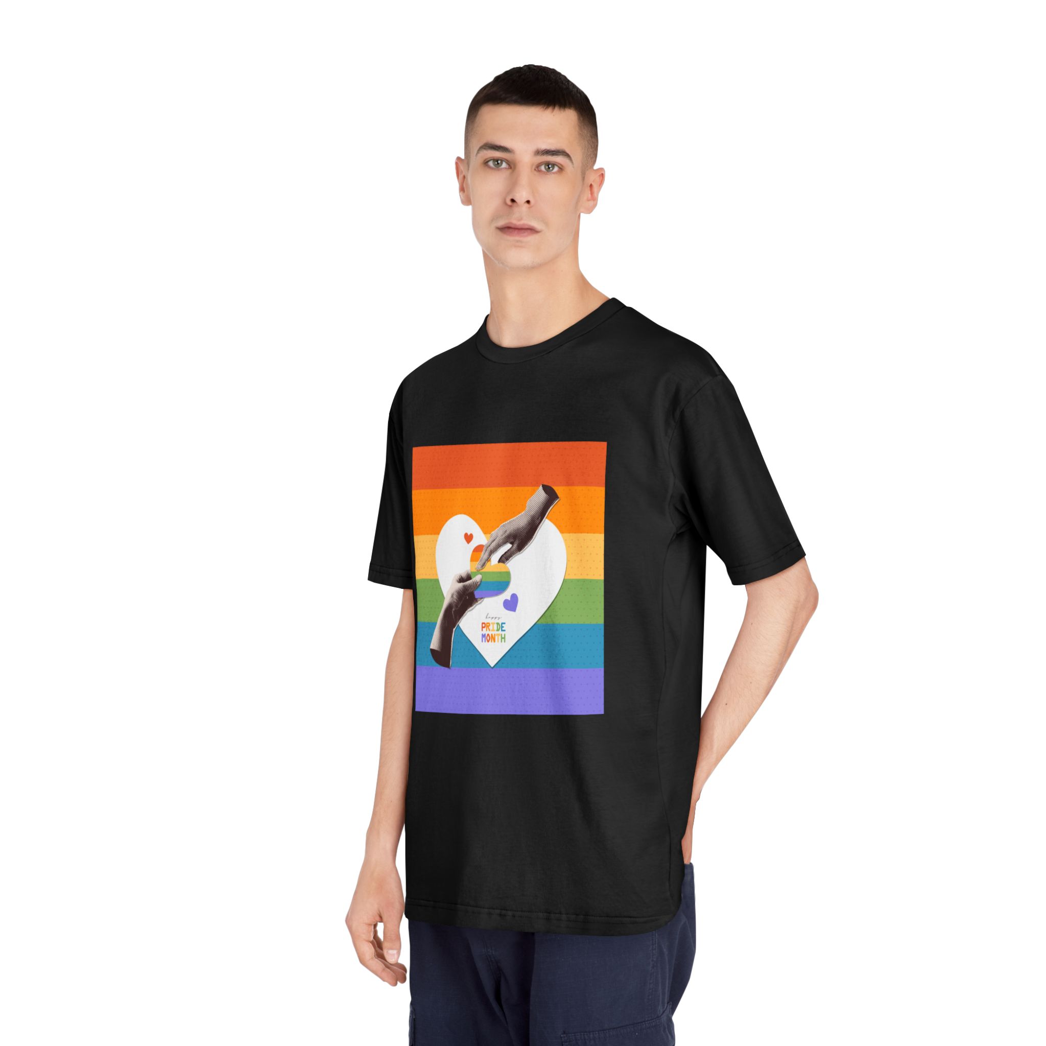 Retro Nostalgic Banner Pride Month Halftone Hands Holding Striped Heart Vintage Collage With - Unisex Classic Crewneck T Shirt - Image 8