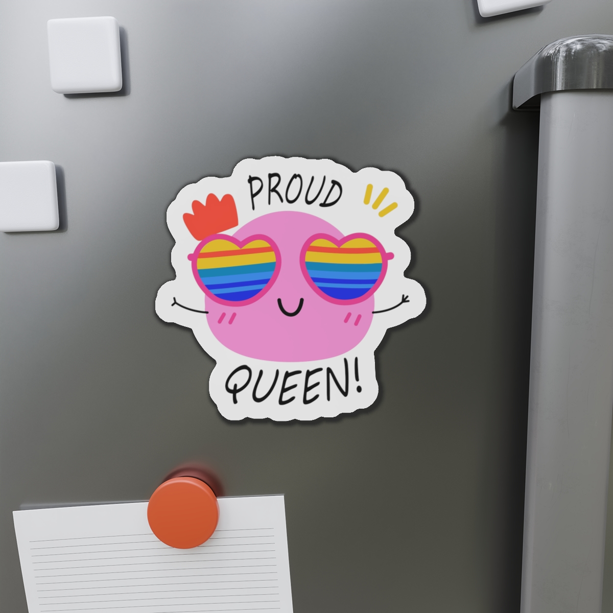 Pink Blob With Rainbow Heart Sunglasses Saying Proud Queen Flat Sticker Die Cut Magnets - Image 14