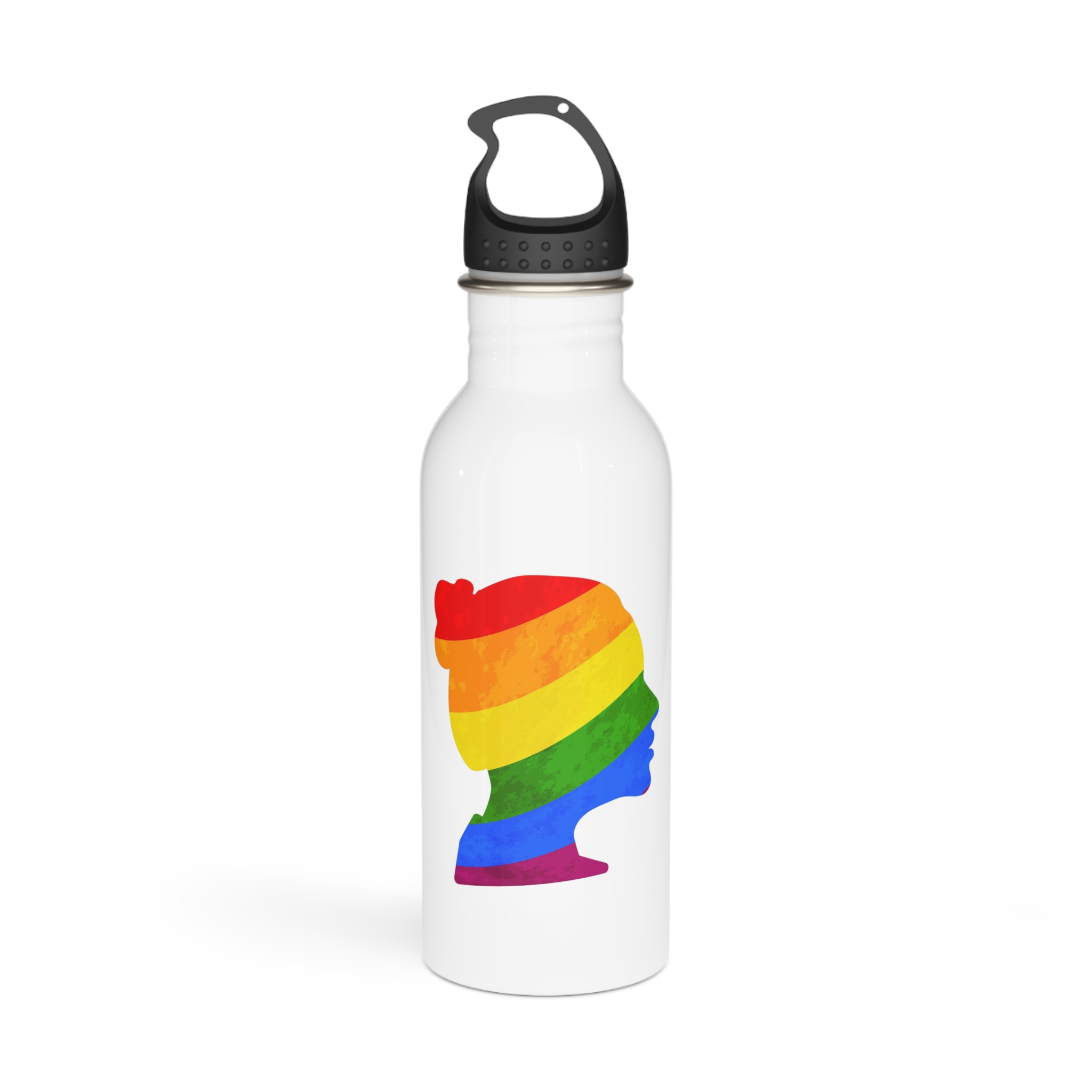 Black Detailed Realistic Girls Face Profile With Lgbt Pride Flag Isolated White Stainless Steel Water Bottle