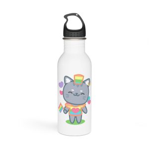 Cute Grey Cat With Rainbow Pride Flag Heart Illustration Stainless Steel Water Bottle
