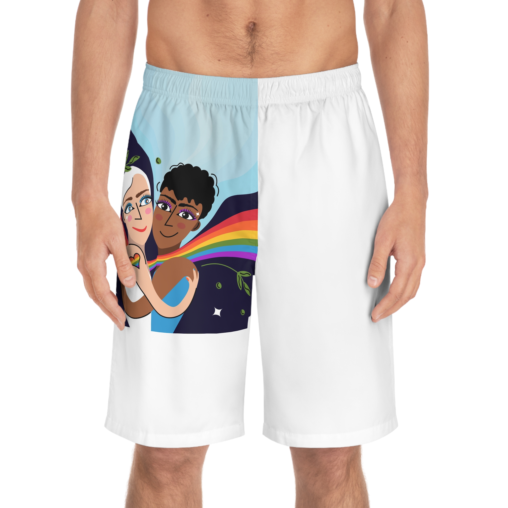 Interracial Lgbtq Men Romantic Relationships Cartoon Style Vector Card Mens Board Shorts Aop - Image 3