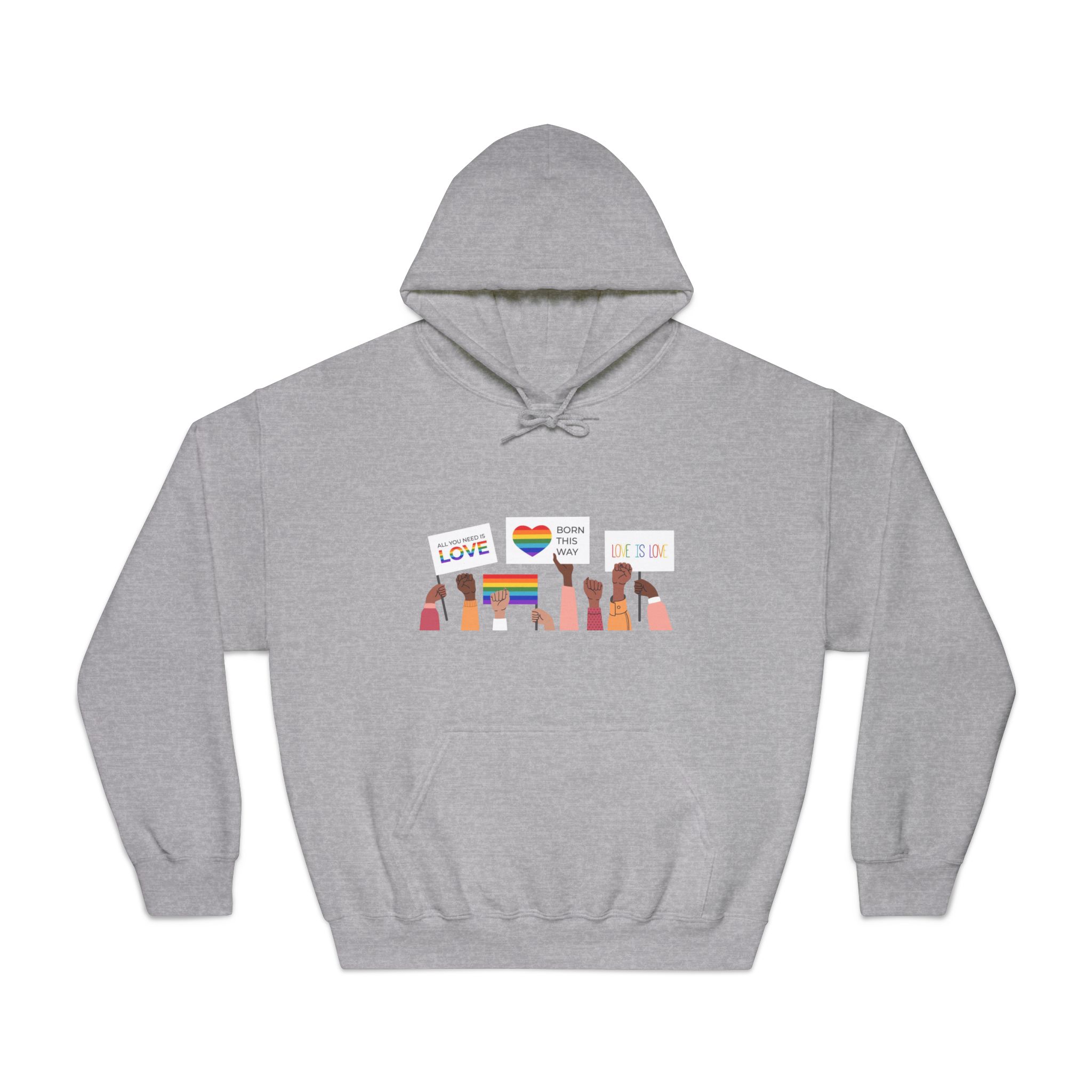 People Holding Lgbt Posters Symbols Signs Flags With Rainbows Pride Month Human Rights Love Is Love Unisex Dryblend Hooded Sweatshirt - Image 13