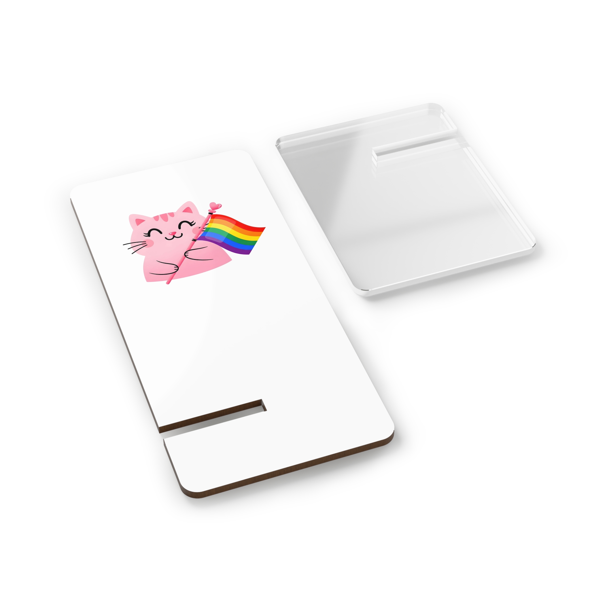 Cute Pink Cat With Rainbow Pride Flag Mobile Display Stand For Smartphones - Image 2
