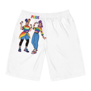 Two Diverse Young Women Celebrate Pride Month With Rainbow Flags Colorful Attire Mens Board Shorts Aop