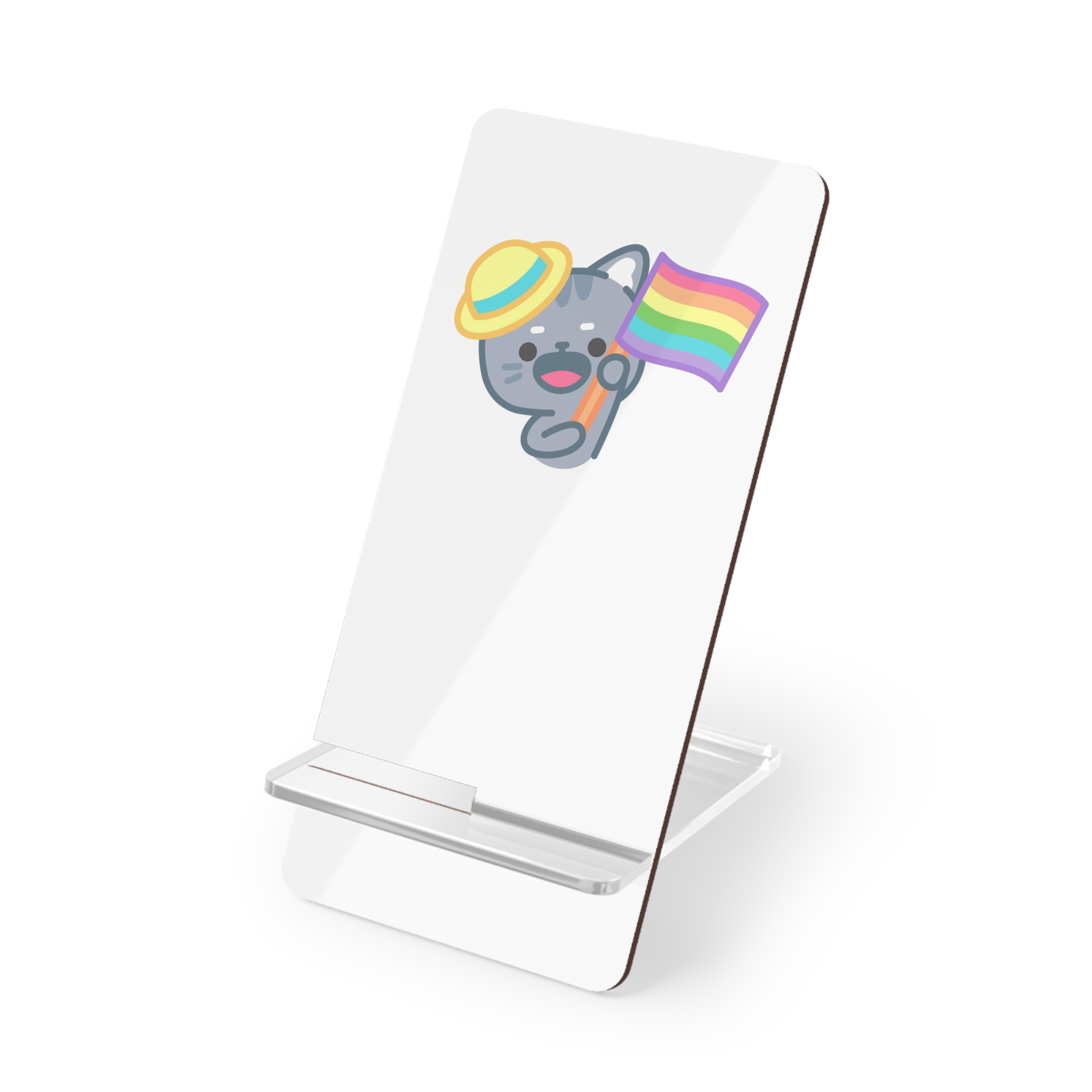 Cute Cat With Yellow Hat Rainbow Flag Illustration Mobile Display Stand For Smartphones