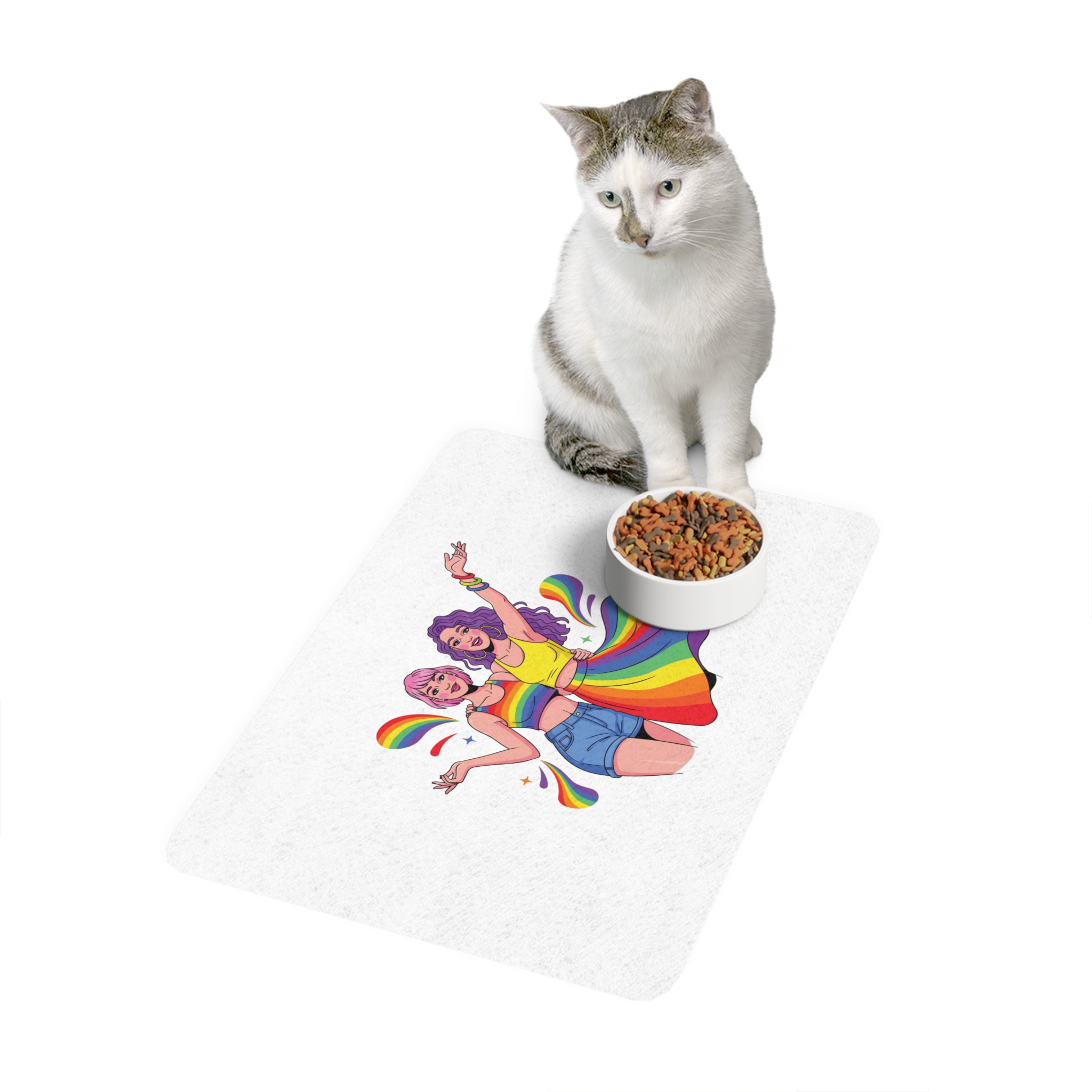 Two Happy Women Celebrating Diversity Pride With Rainbow Colors Splashes Pet Food Mat 12x18 - Image 3