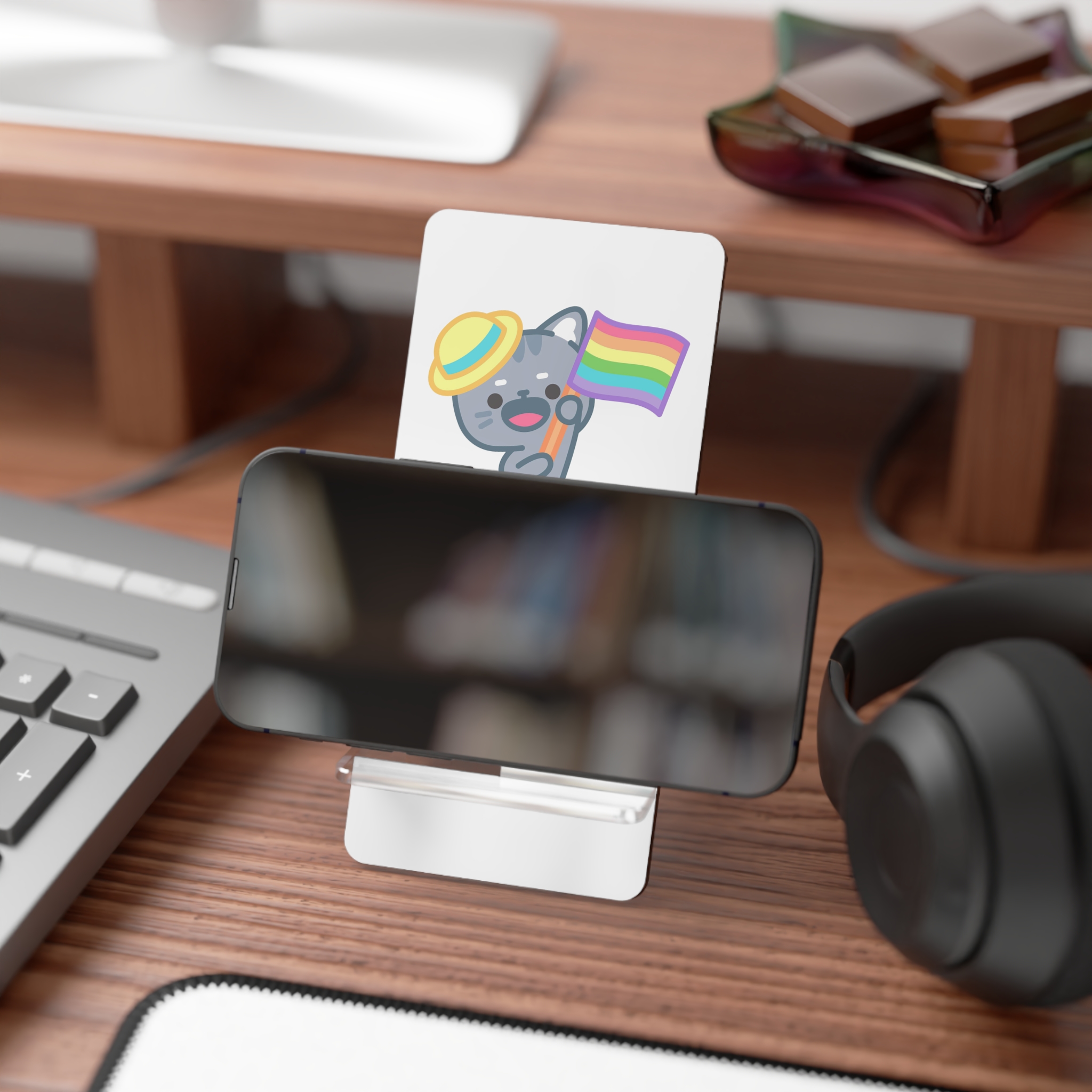 Cute Cat With Yellow Hat Rainbow Flag Illustration Mobile Display Stand For Smartphones - Image 4