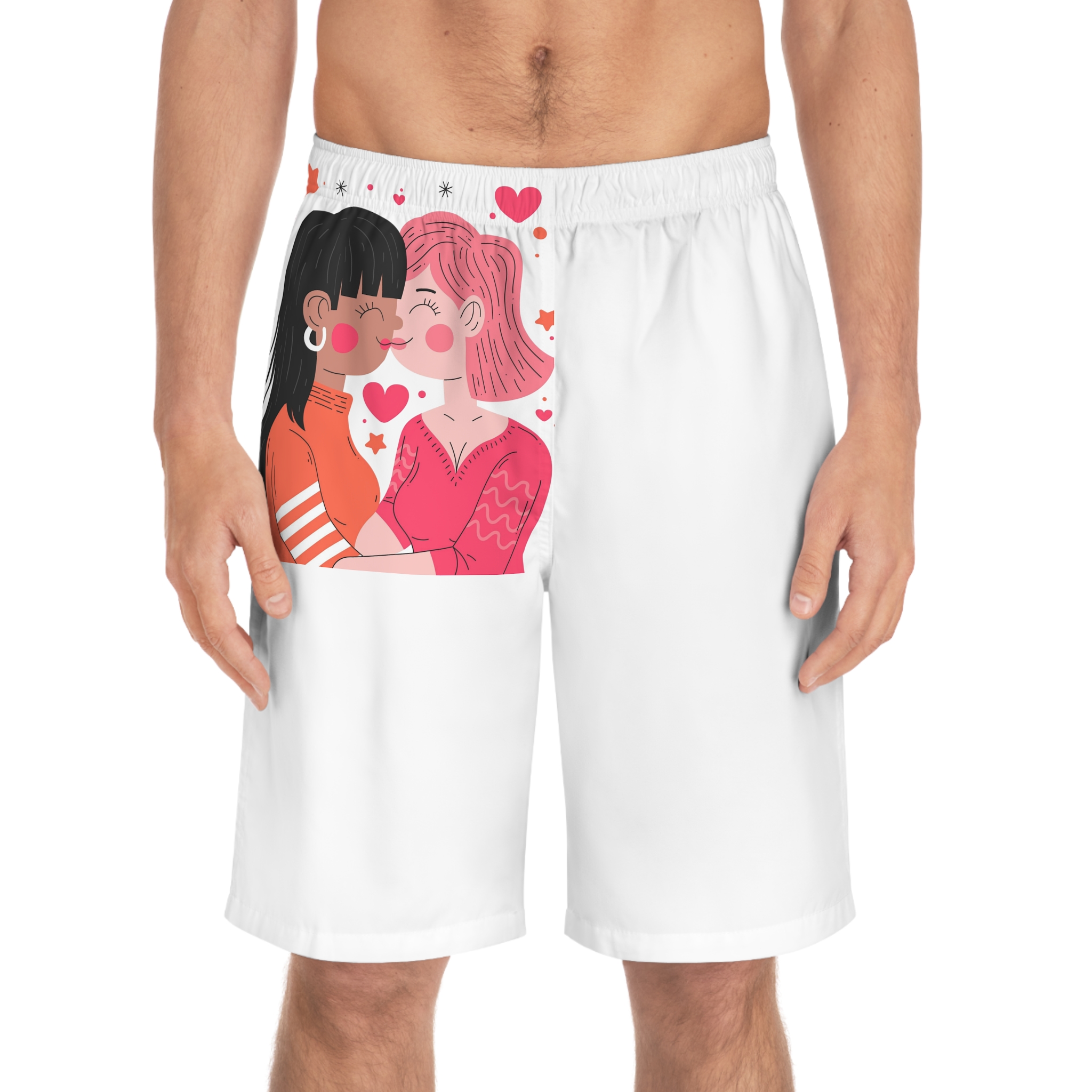 Flat Design Lesbian Couple Kiss Illustration (1) Mens Board Shorts Aop - Image 3