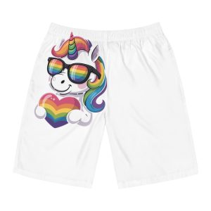 Cute Unicorn With Rainbowcolored Mane Tail Is Wearing Black Sunglassesnbow Stripes Mens Board Shorts Aop