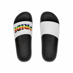 Large Bold Pride Letters Infused With Progress Rainbow Flag Colors Represent Lgbtqia Mens Slide Sandals