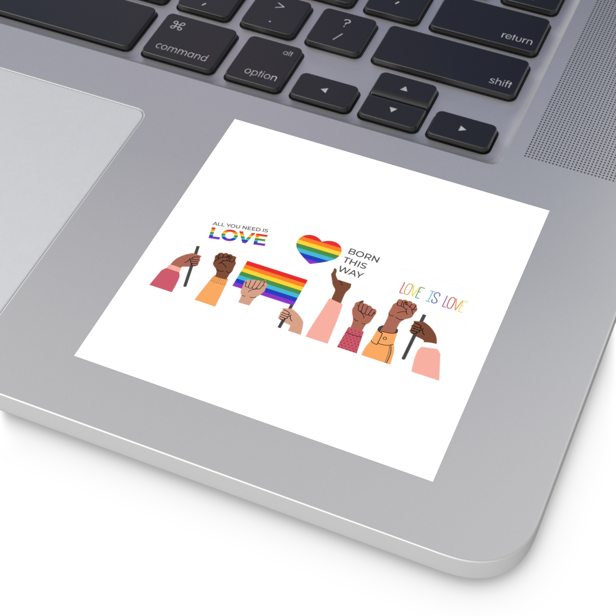 People Holding Lgbt Posters Symbols Signs Flags With Rainbows Pride Month Human Rights Love Is Love Laminate Stickers Square - Image 19