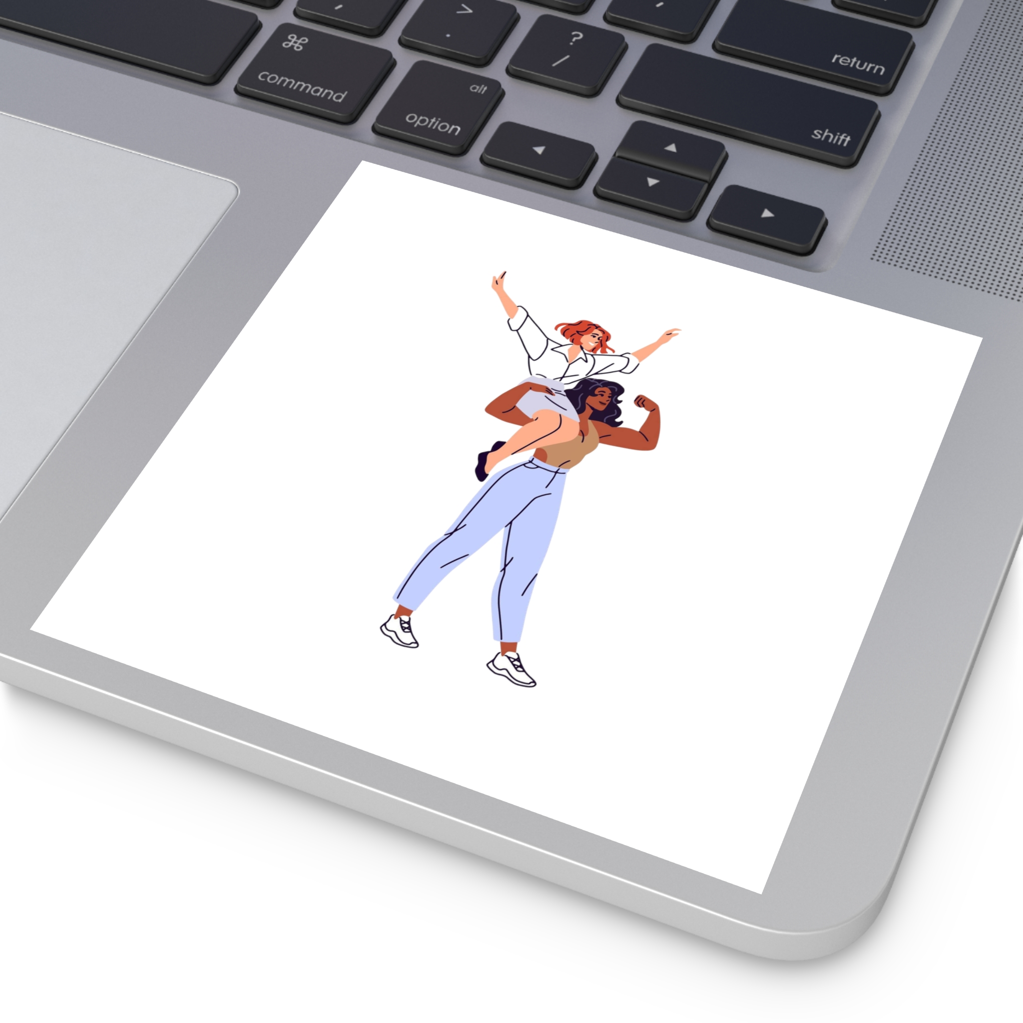 Happy Feminists Celebrate Success Winning Diverse Women Cheer Hands Up Support Feminism Strong Girl Holds Her Friend Shoulder Flat Isolated Vector Illustration White Background Laminate Stickers... - Image 39