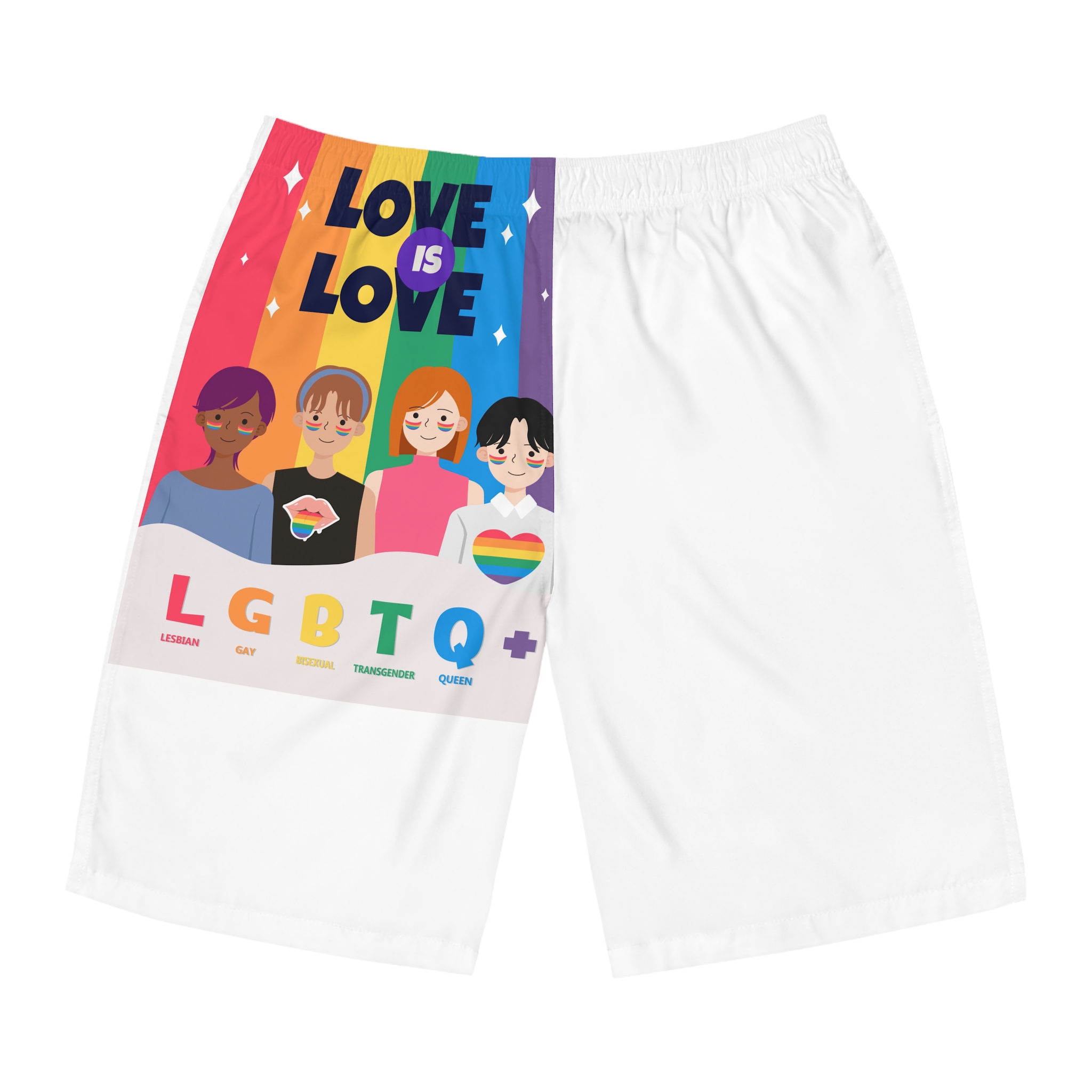 Lgbtq Pride Month Poster Vector With Diverse Characters Rainbow Celebrate Love Inclusivity Mens Board Shorts Aop