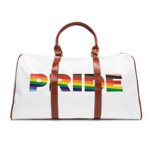 Large Bold Pride Letters Infused With Progress Rainbow Flag Colors Represent Lgbtqia Waterproof Travel Bag