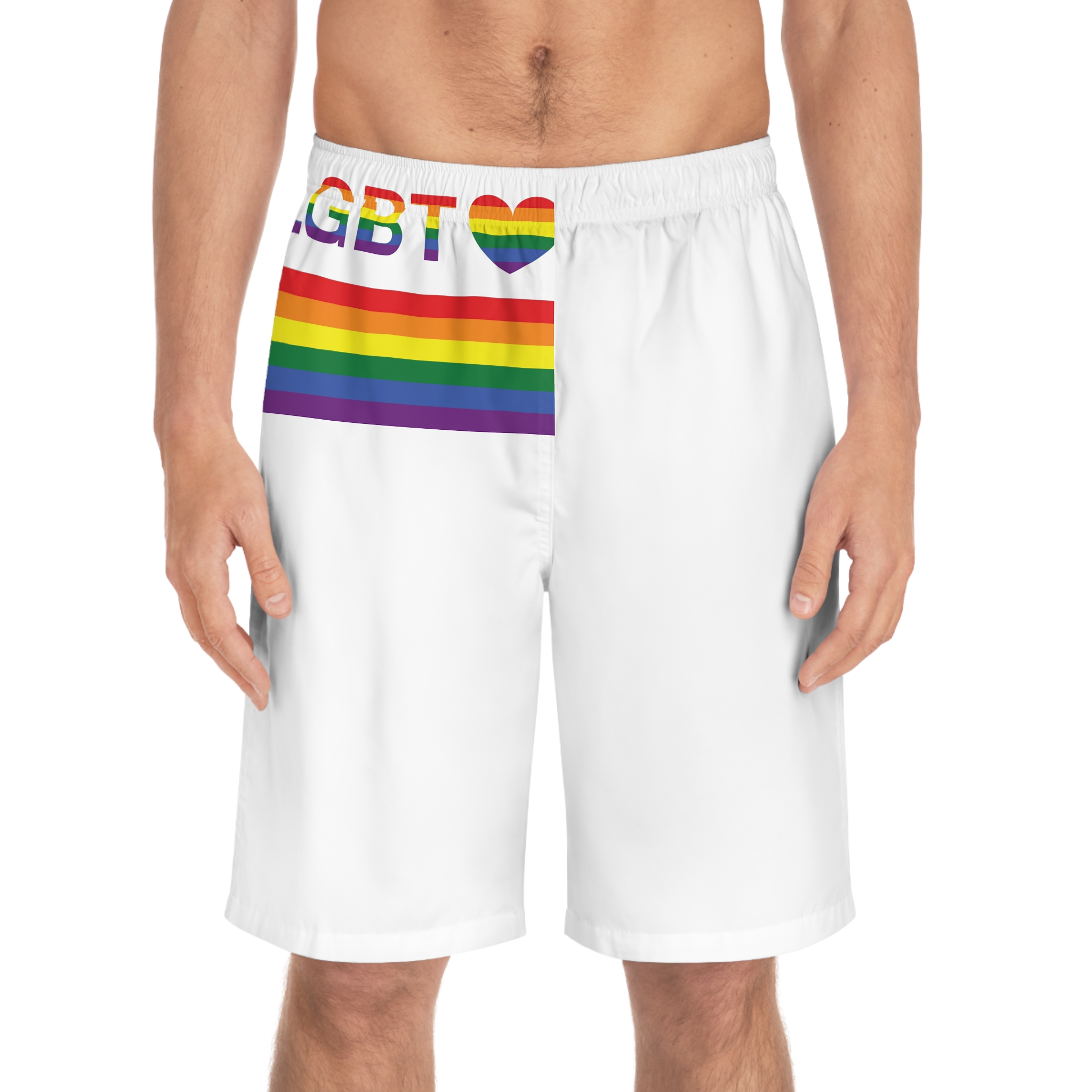 Lgbt Word Text Letter With Heart Rainbow Color Flag Isolated White Background Vector Illustration Mens Board Shorts Aop - Image 3
