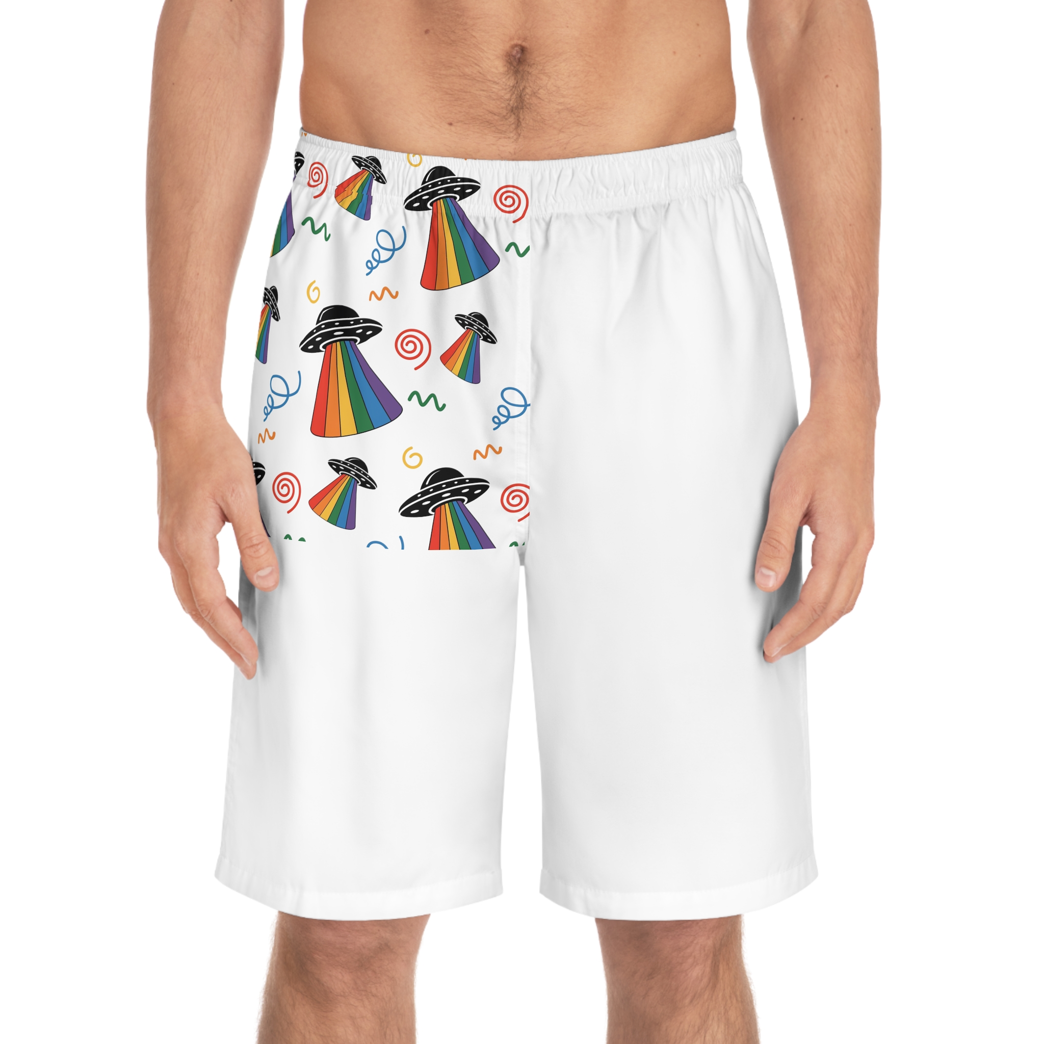 Seamless Pattern Ufo With Rainbow Beam Doodles Mens Board Shorts Aop - Image 3