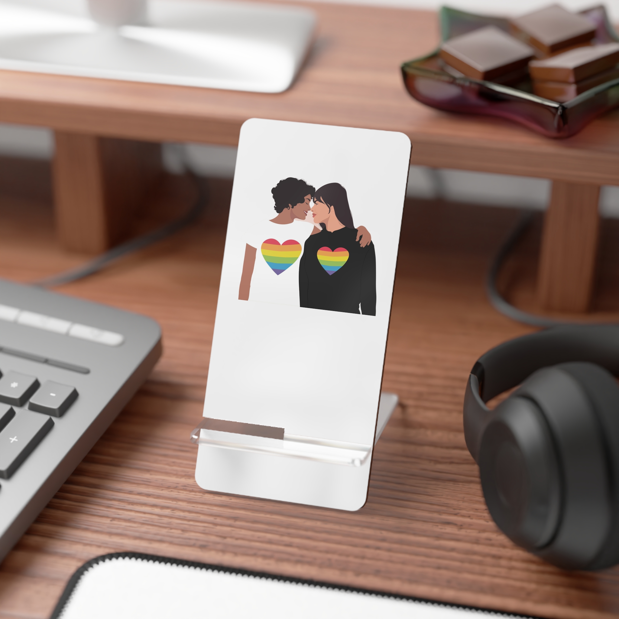 Embracing Lgbt Couple Couple Girls Love Smiling Each Other Mobile Display Stand For Smartphones - Image 3