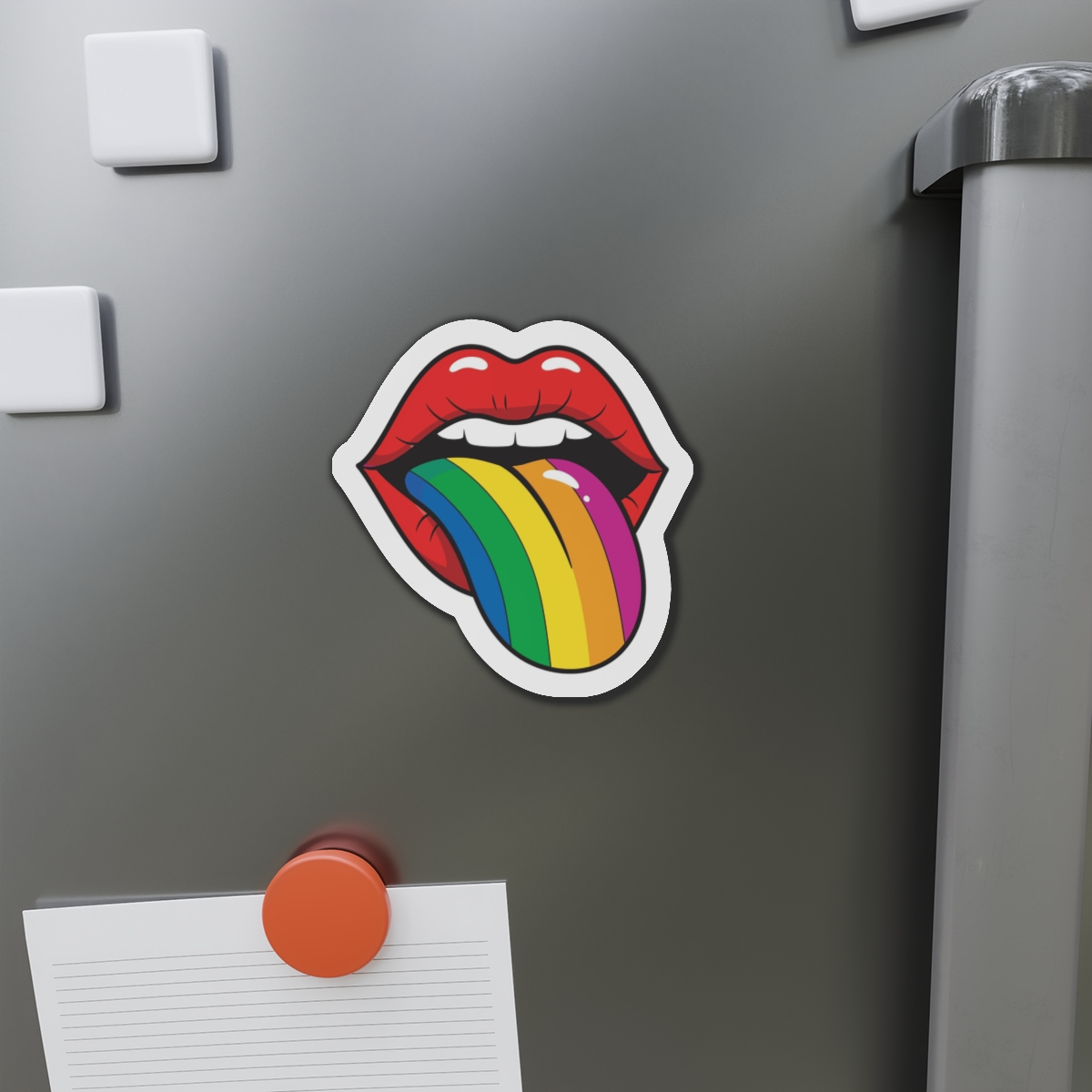 Pop Art Illustration Open Red Lips With Long Colorful Rainbow Tongue Sticking Out Now Die Cut Magnets - Image 11