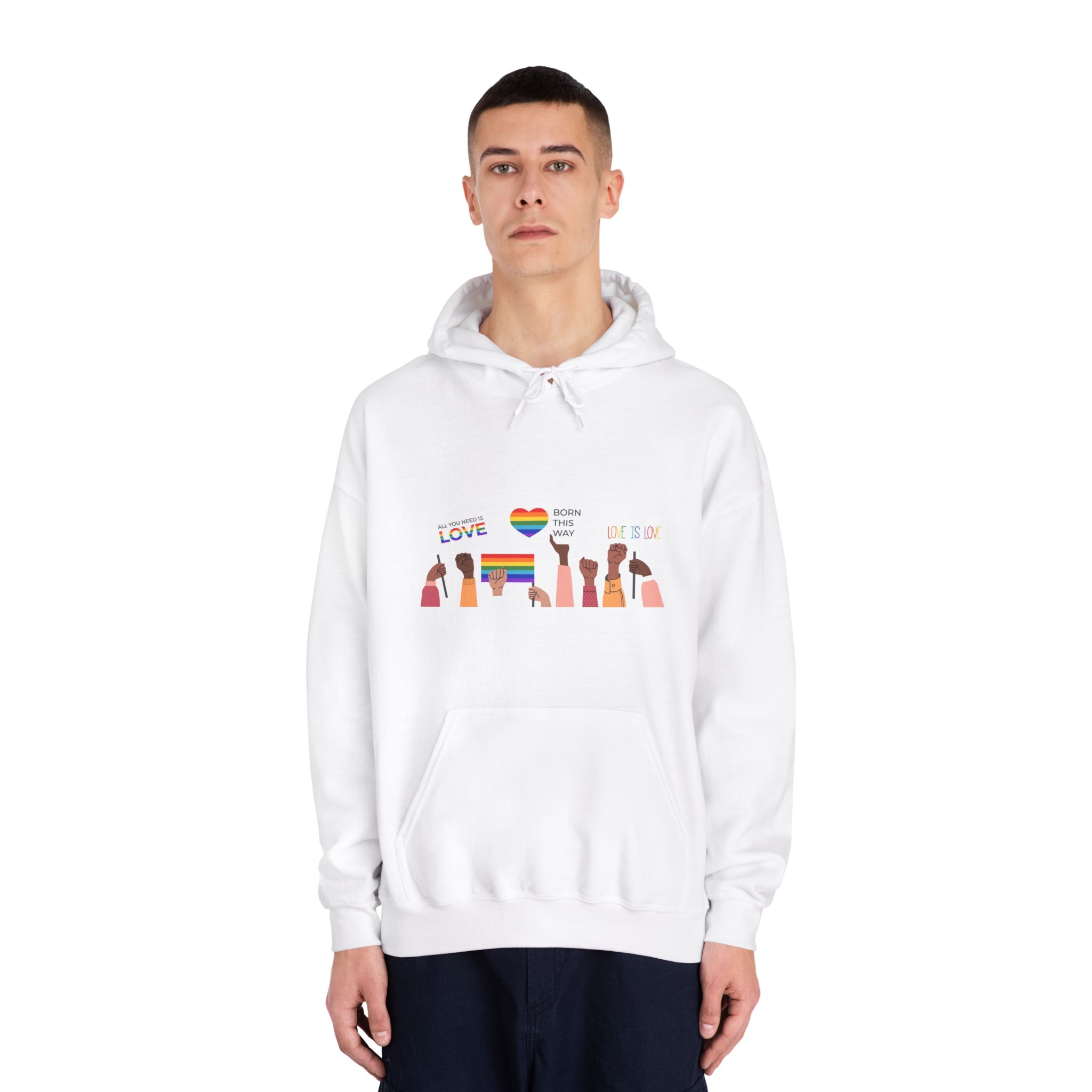 People Holding Lgbt Posters Symbols Signs Flags With Rainbows Pride Month Human Rights Love Is Love Unisex Dryblend Hooded Sweatshirt - Image 3