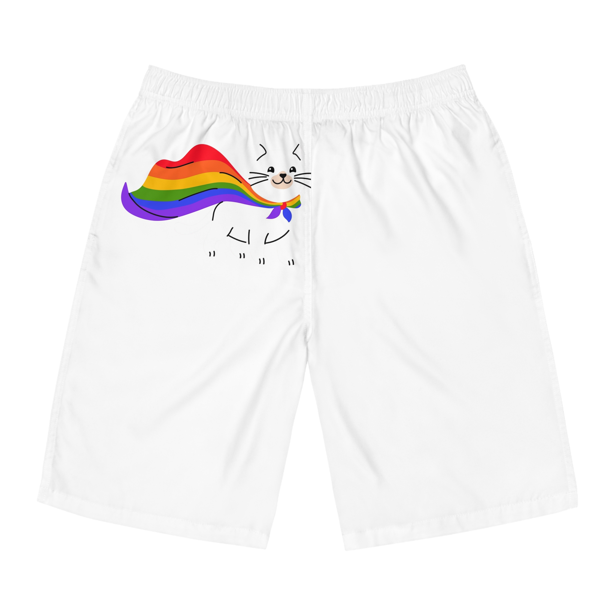 Kawaii Cat With Lgbtq Rainbow Flag Cartoon Mens Board Shorts Aop