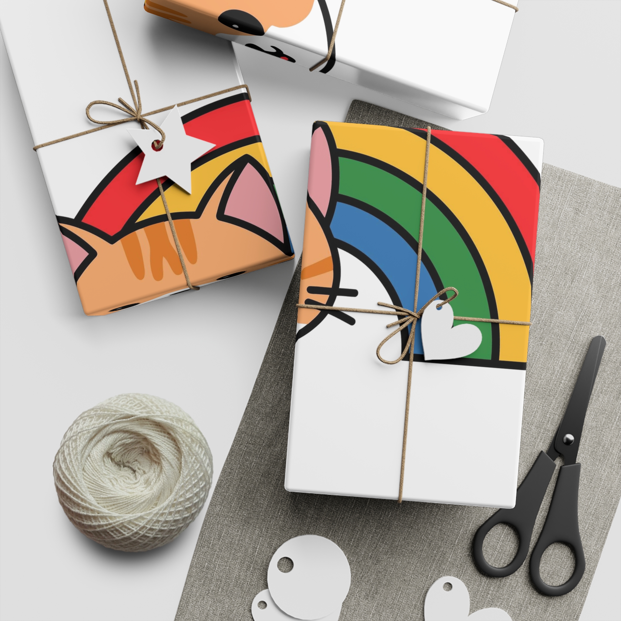 Cartoon Cat Head Illustration With Rainbow Happy Expression1 Gift Wrapping Paper Sheets 1pc - Image 2
