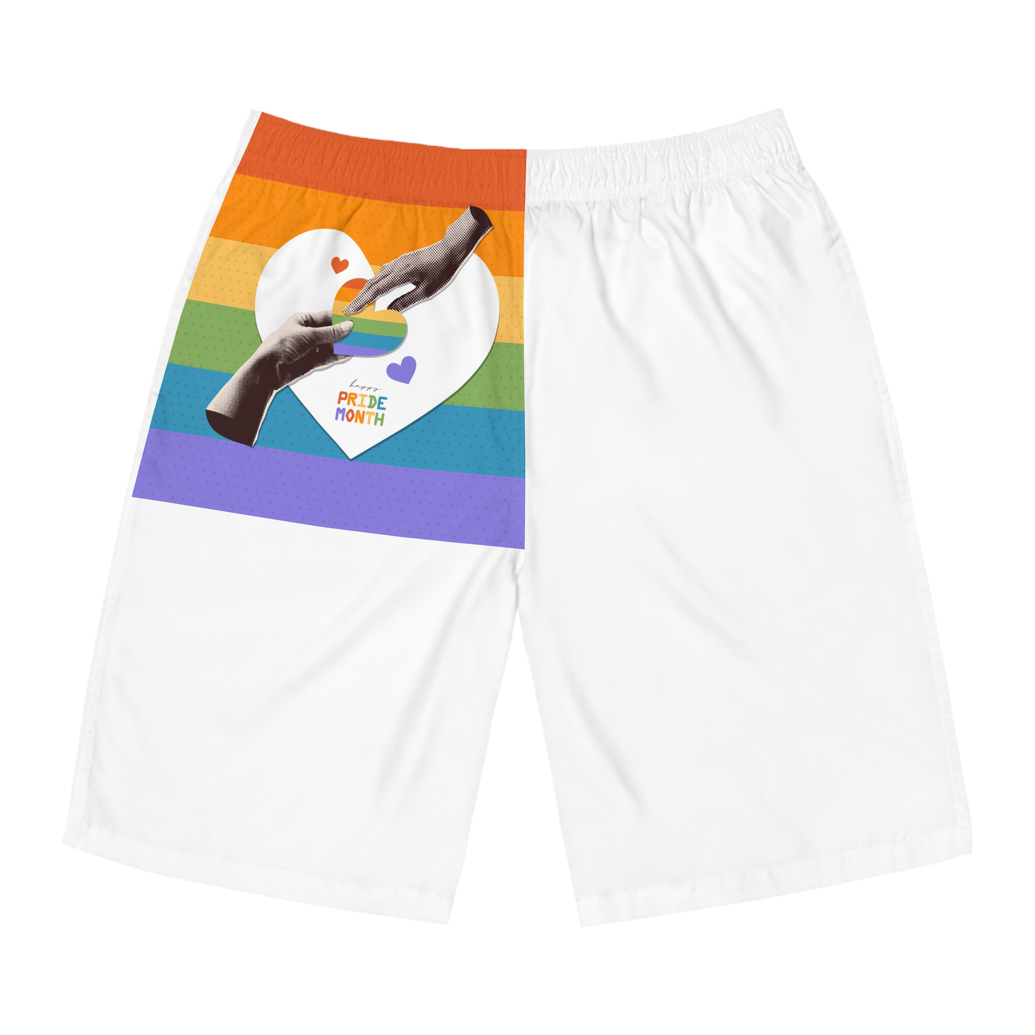 Retro Nostalgic Banner Pride Month Halftone Hands Holding Striped Heart Vintage Collage With Mens Board Shorts Aop