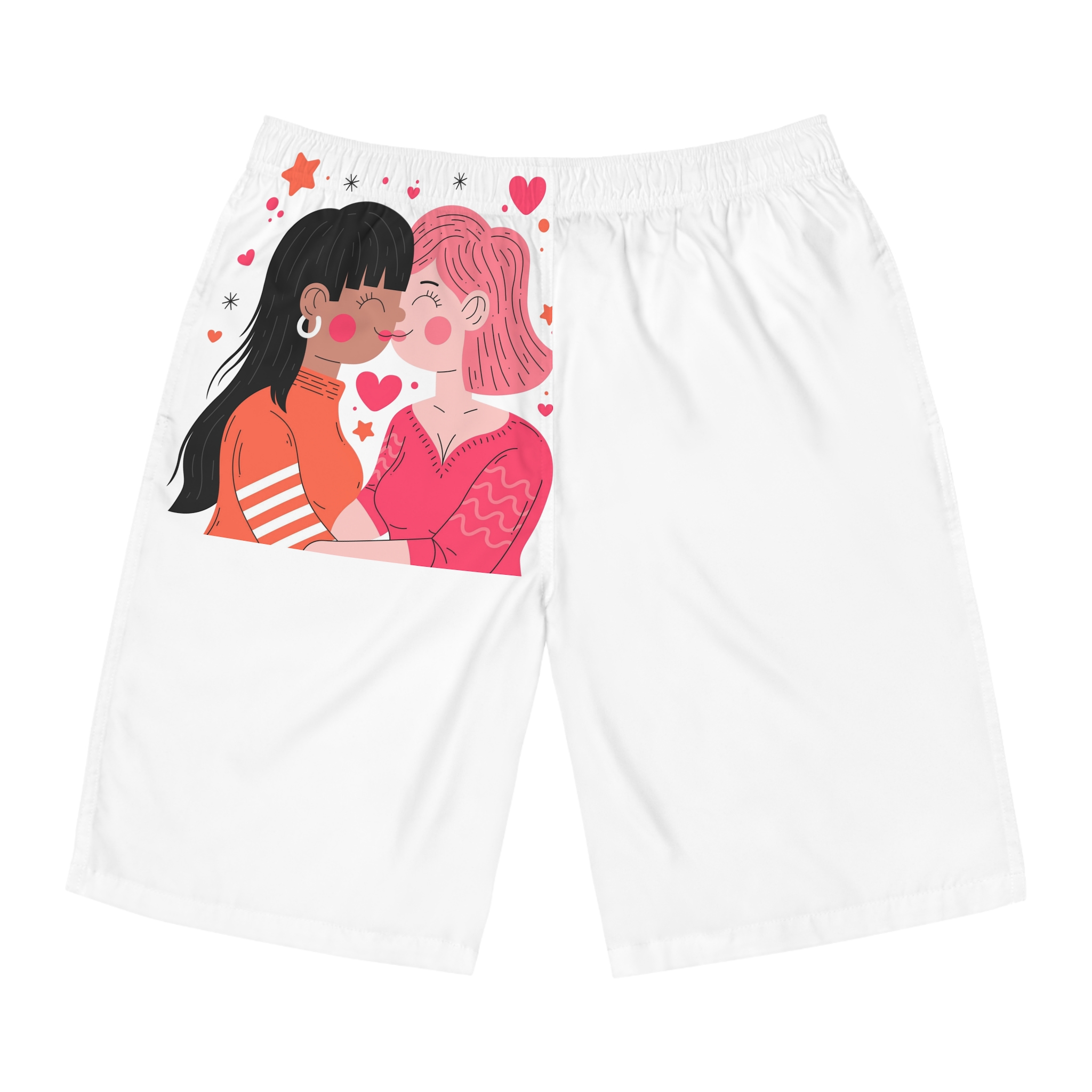 Flat Design Lesbian Couple Kiss Illustration (1) Mens Board Shorts Aop