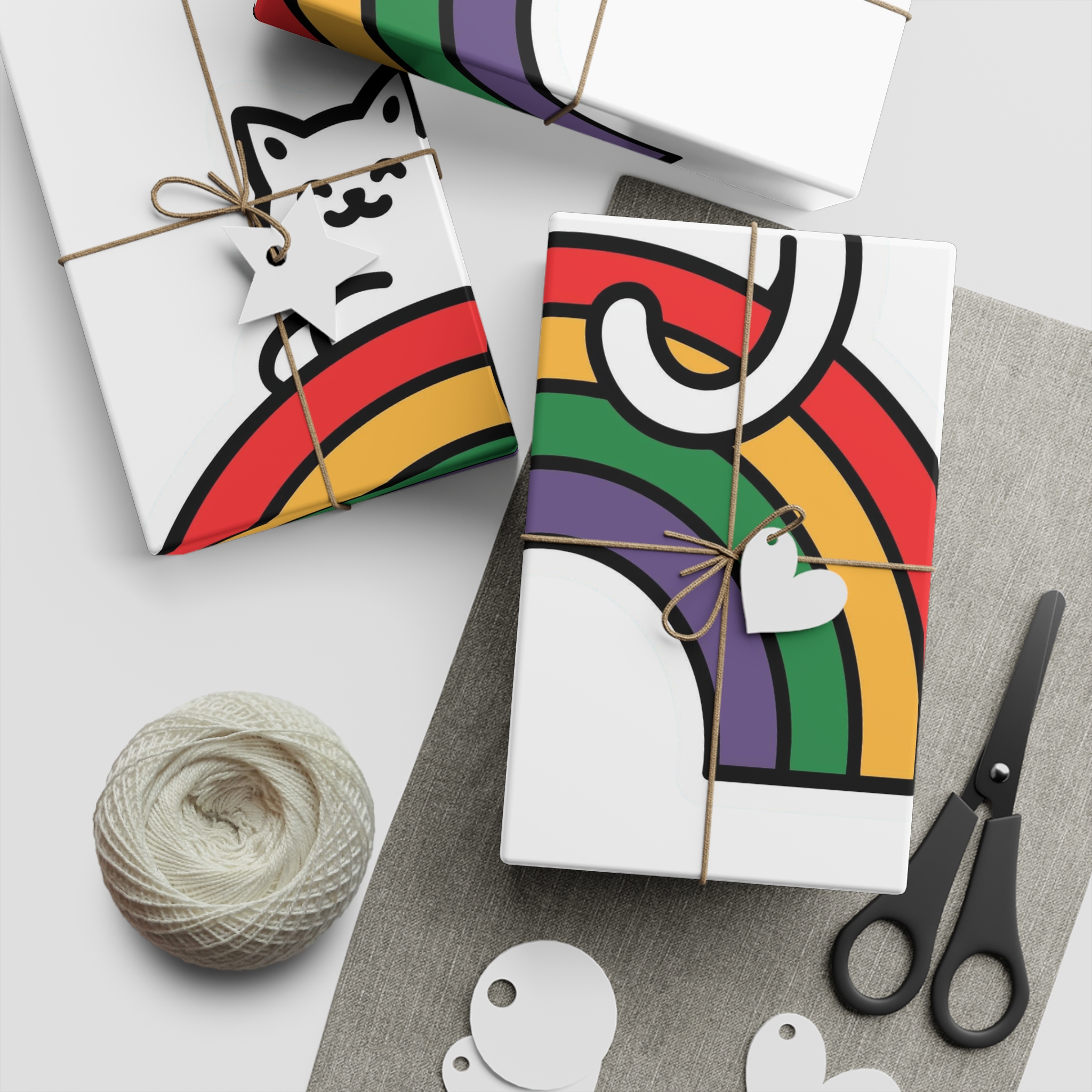 Cartoon Cat Lying Rainbow Illustration With Cheerful Expression Gift Wrapping Paper Sheets 1pc - Image 2