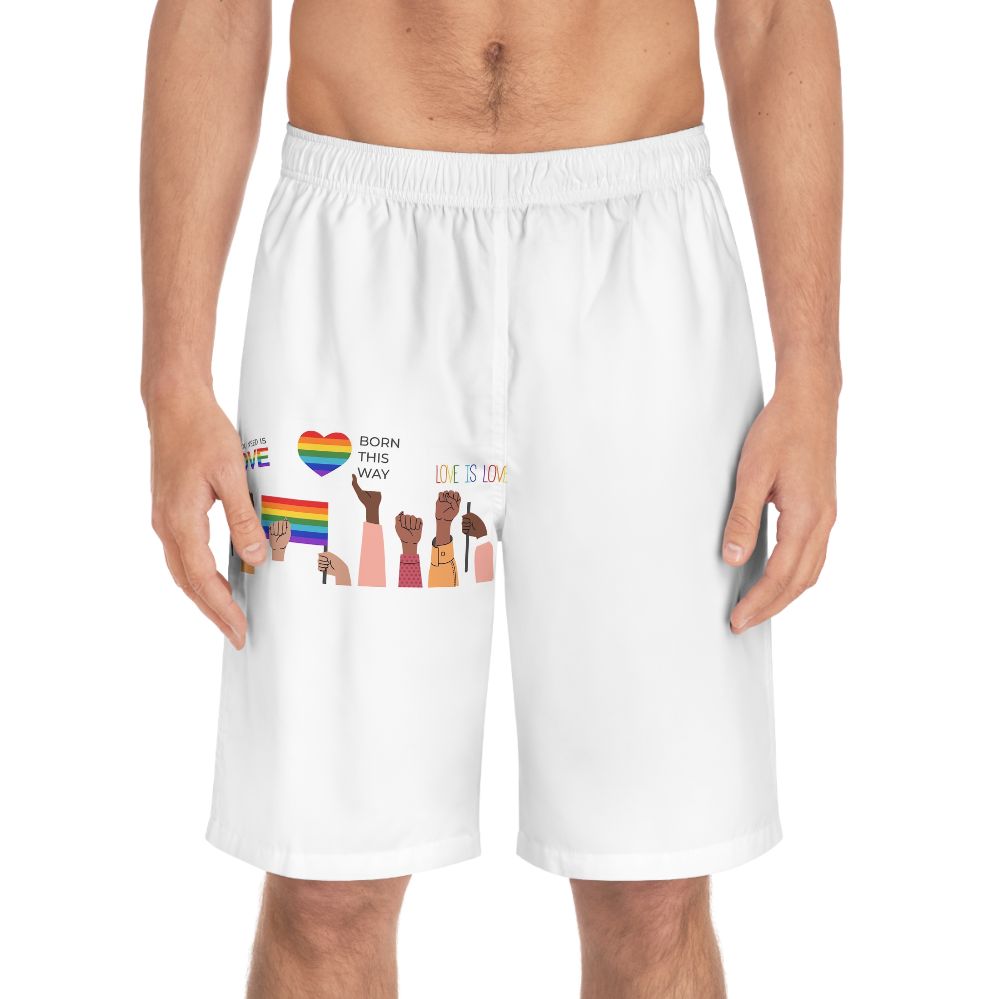 People Holding Lgbt Posters Symbols Signs Flags With Rainbows Pride Month Human Rights Love Is Love Mens Board Shorts Aop - Image 3