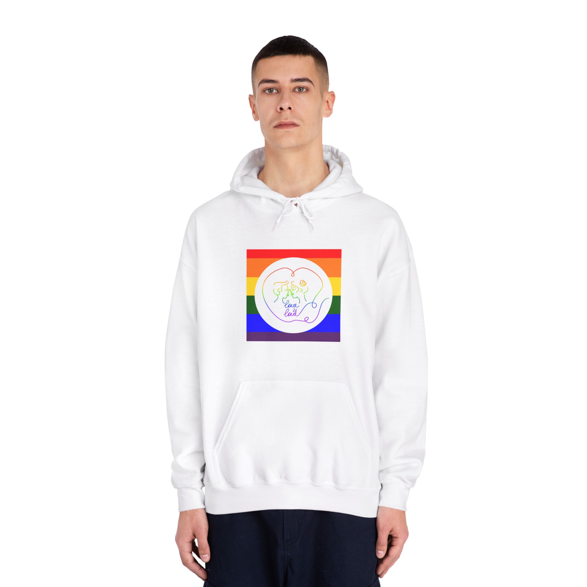 Poster With Kissing Woman Hand Lettering Love Is Love Theme Month Pride Lgbtq Love Background Unisex Dryblend Hooded Sweatshirt - Image 3