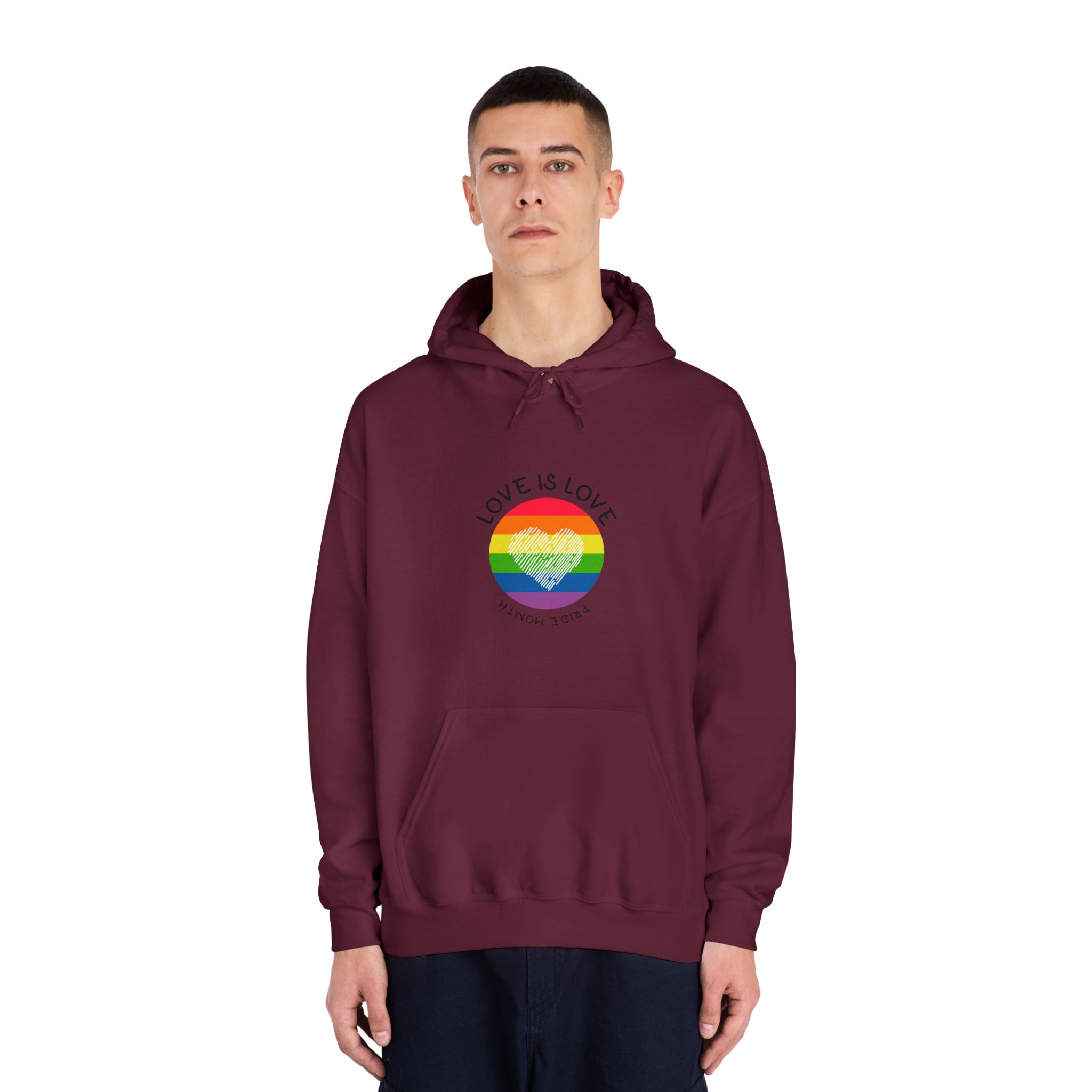 Lgbt Pride Month Love Is Love Lgbtq Symbol With Lgbt Pride Round Rainbow Flag With Heart Gay Pride Unisex Dryblend Hooded Sweatshirt - Image 19