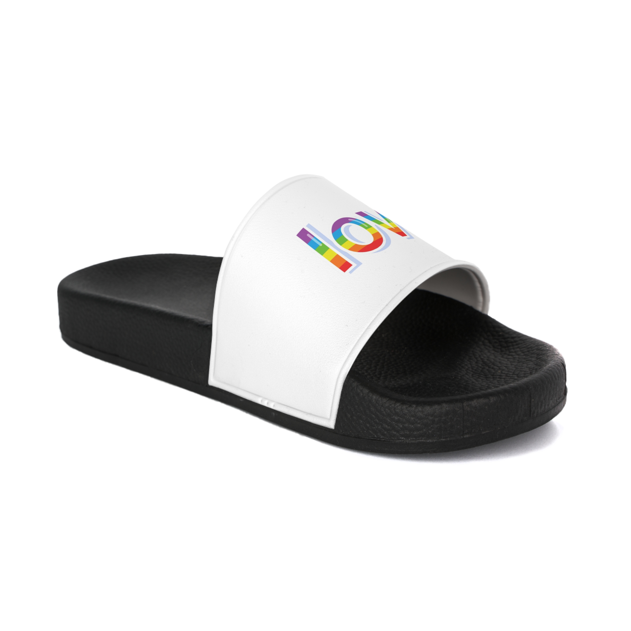 Word Love Rainbow Beautiful Letters Sticker Word Love Light Background Mens Slide Sandals - Image 2