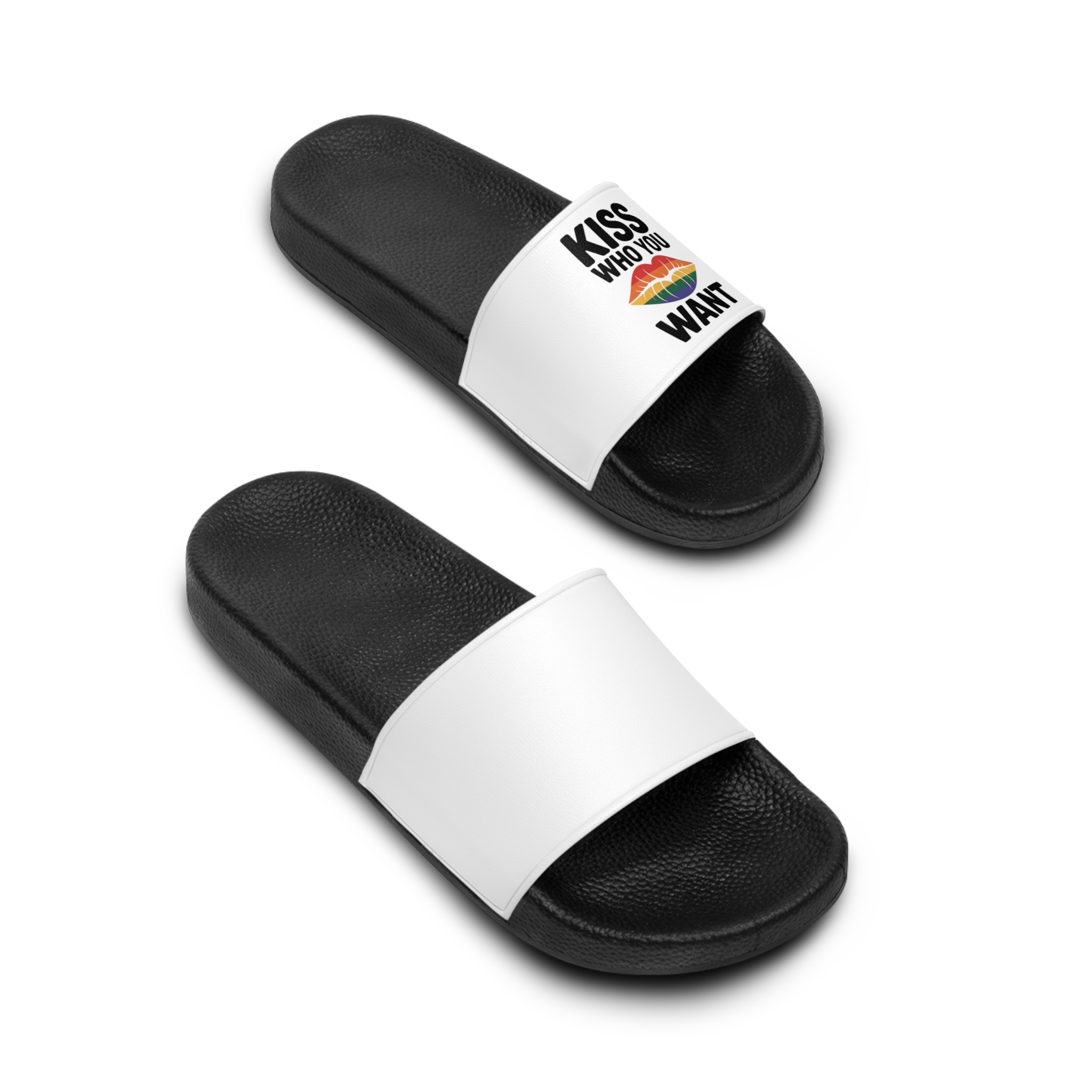 Kiss Who You Want T Shirt Design Isolated White Background 3 Mens Slide Sandals - Image 4