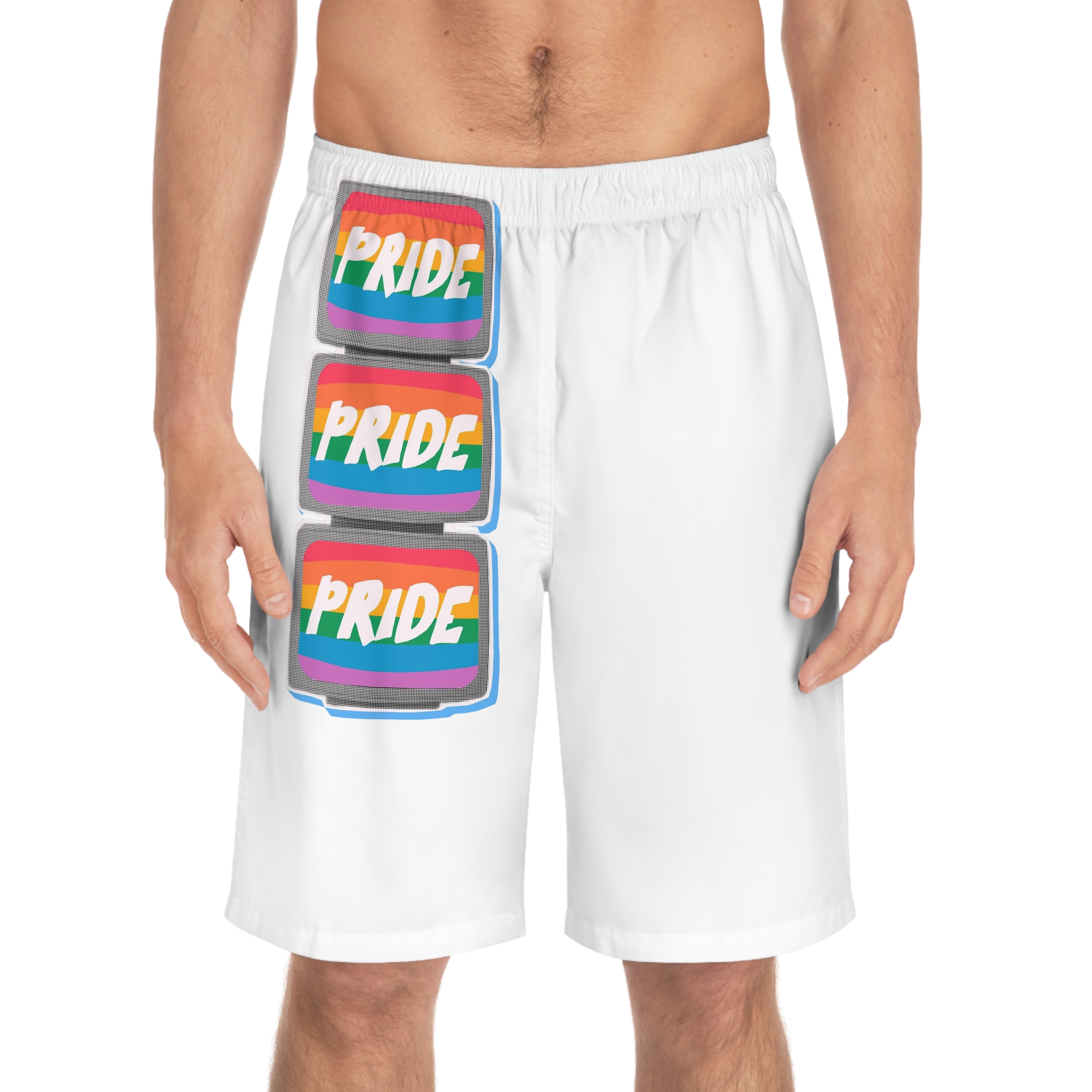 Retro Halftone Tvs With Rainbow Screens Bold Text Perfect Pride Month Activism Designs Mens Board Shorts Aop - Image 3